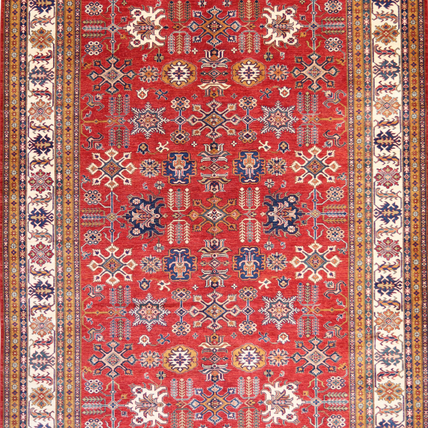 8'11" x 12'0" RED AND IVORY KAZAK GEOMETRIC PAKISTANI RUG