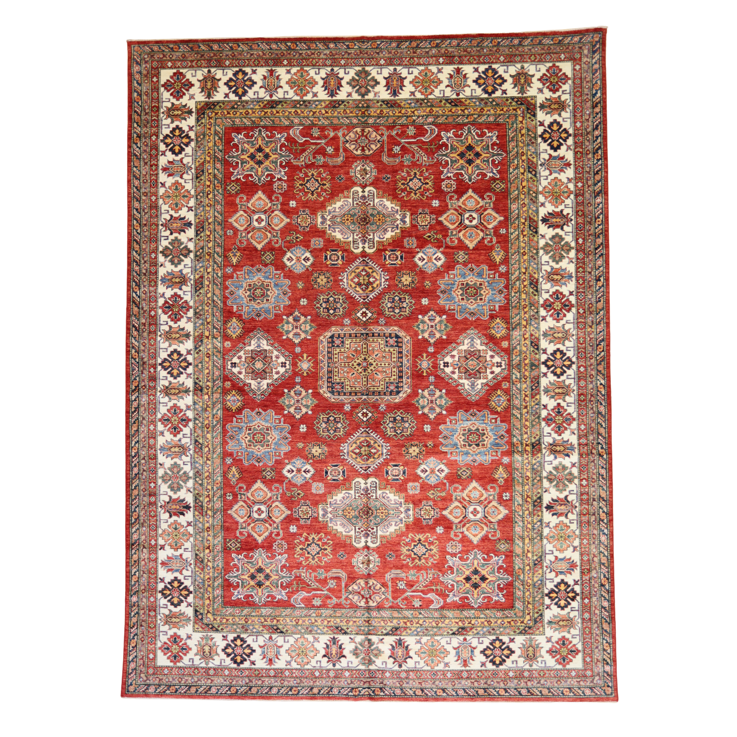 8'11" x 12'2" RED AND IVORY KAZAK GEOMETRIC PAKISTANI RUG