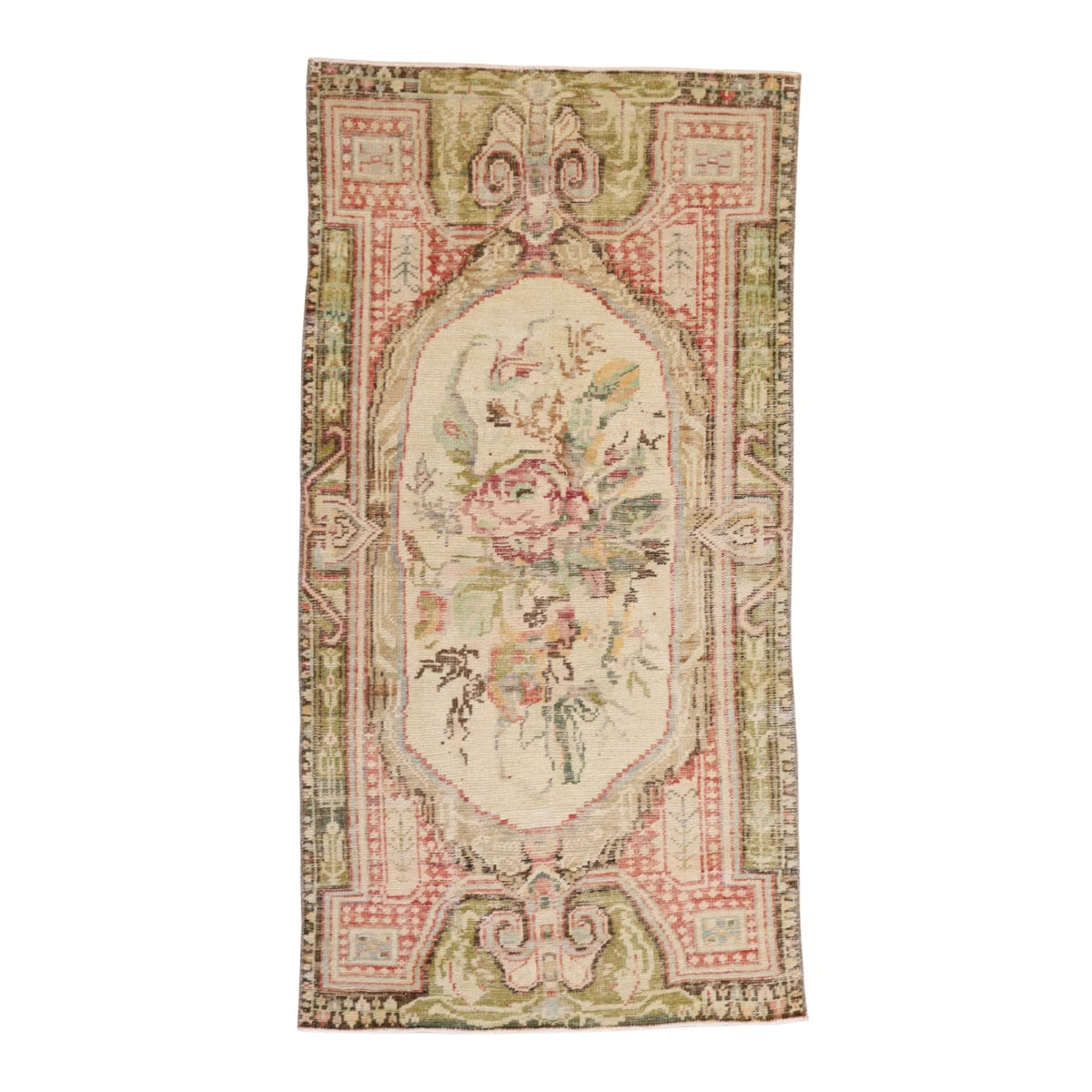 3'1" x 6'0" IVORY AND GREEN ANATOLIA GEOMETRIC TURKISH RUG