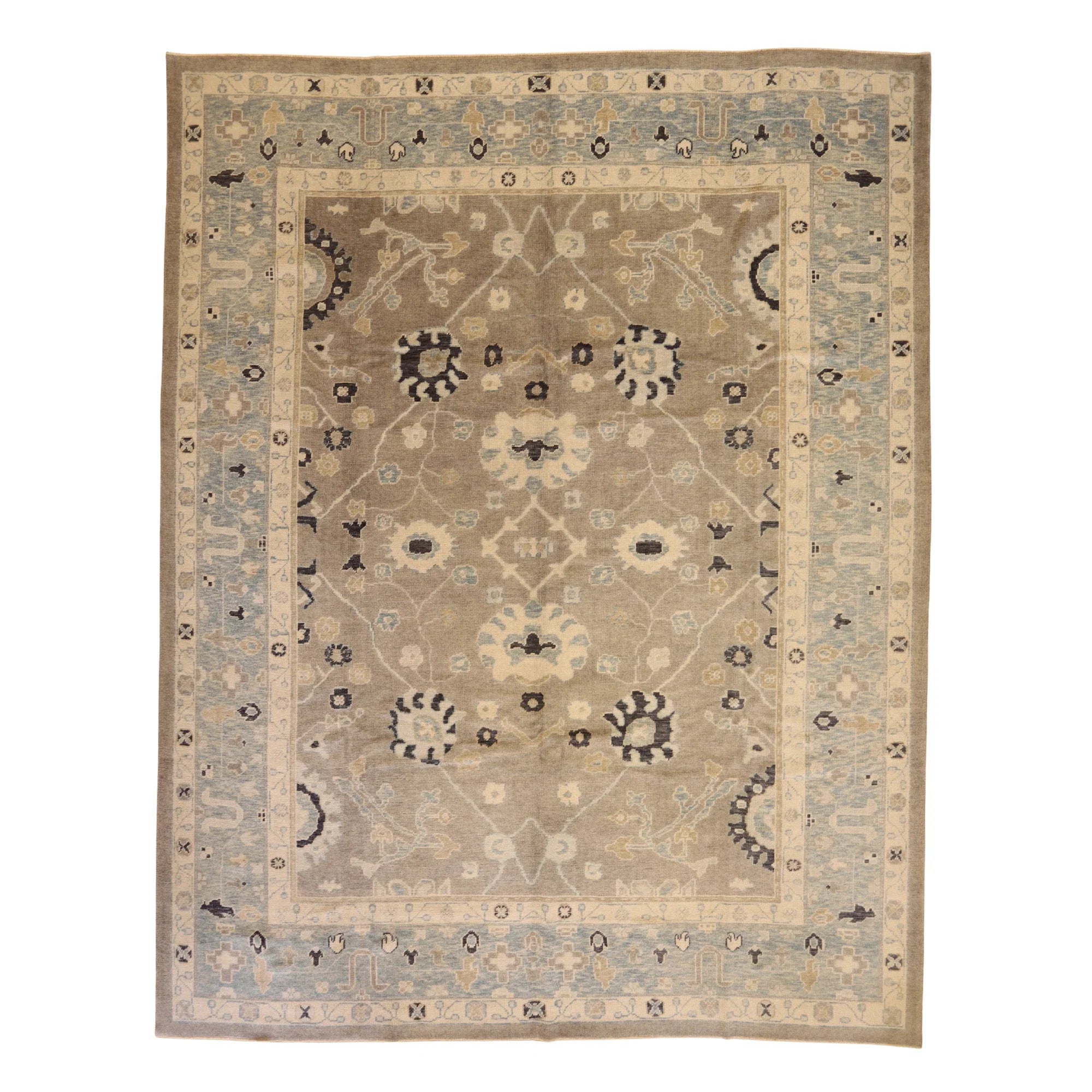 10'4" x 13'4" GRAY AND BLUE OUSHAK GEOMETRIC TURKISH RUG