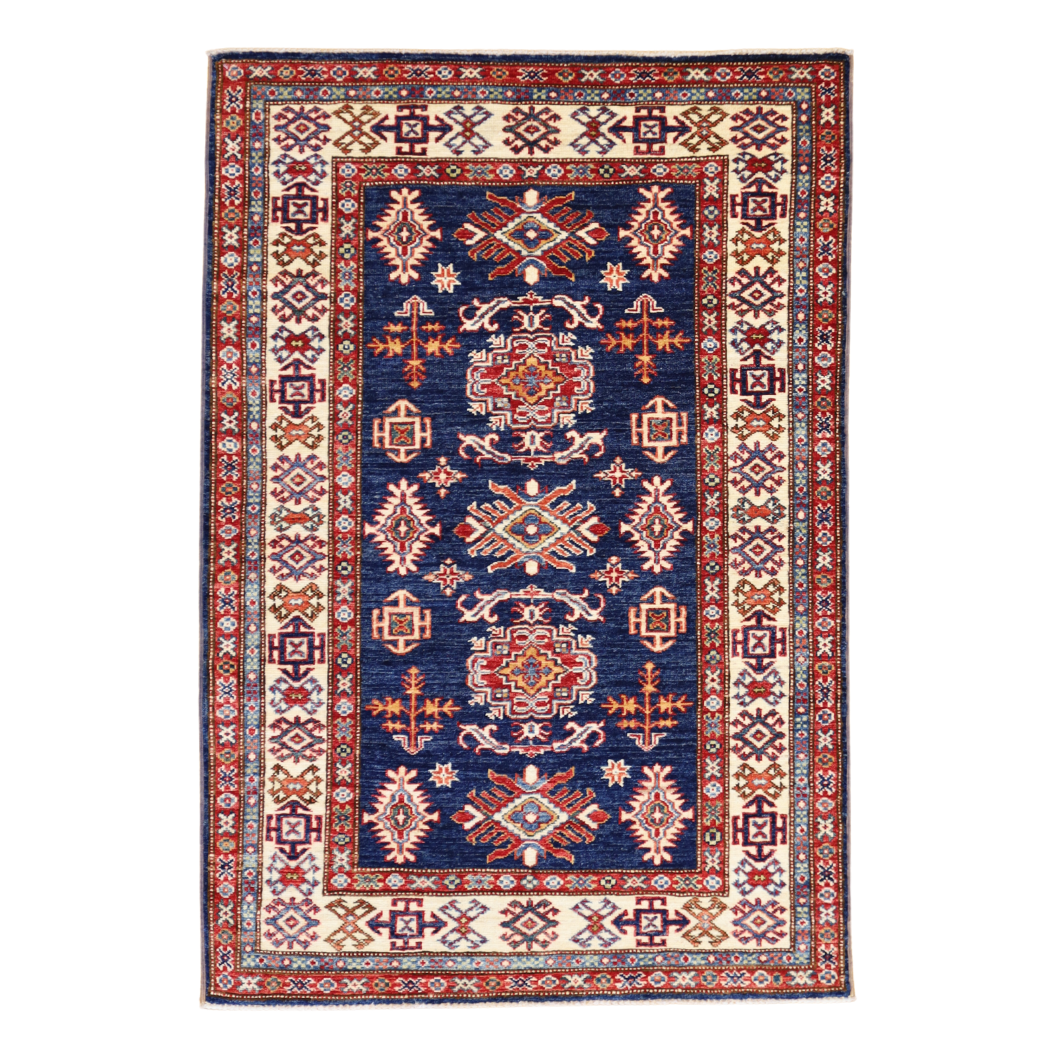 3'6" x 5'0" NAVY AND IVORY KAZAK GEOMETRIC PAKISTANI RUG