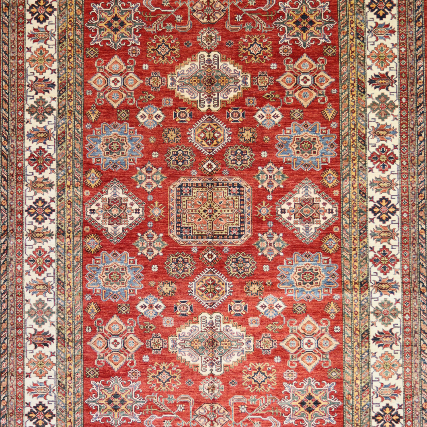 8'11" x 12'2" RED AND IVORY KAZAK GEOMETRIC PAKISTANI RUG