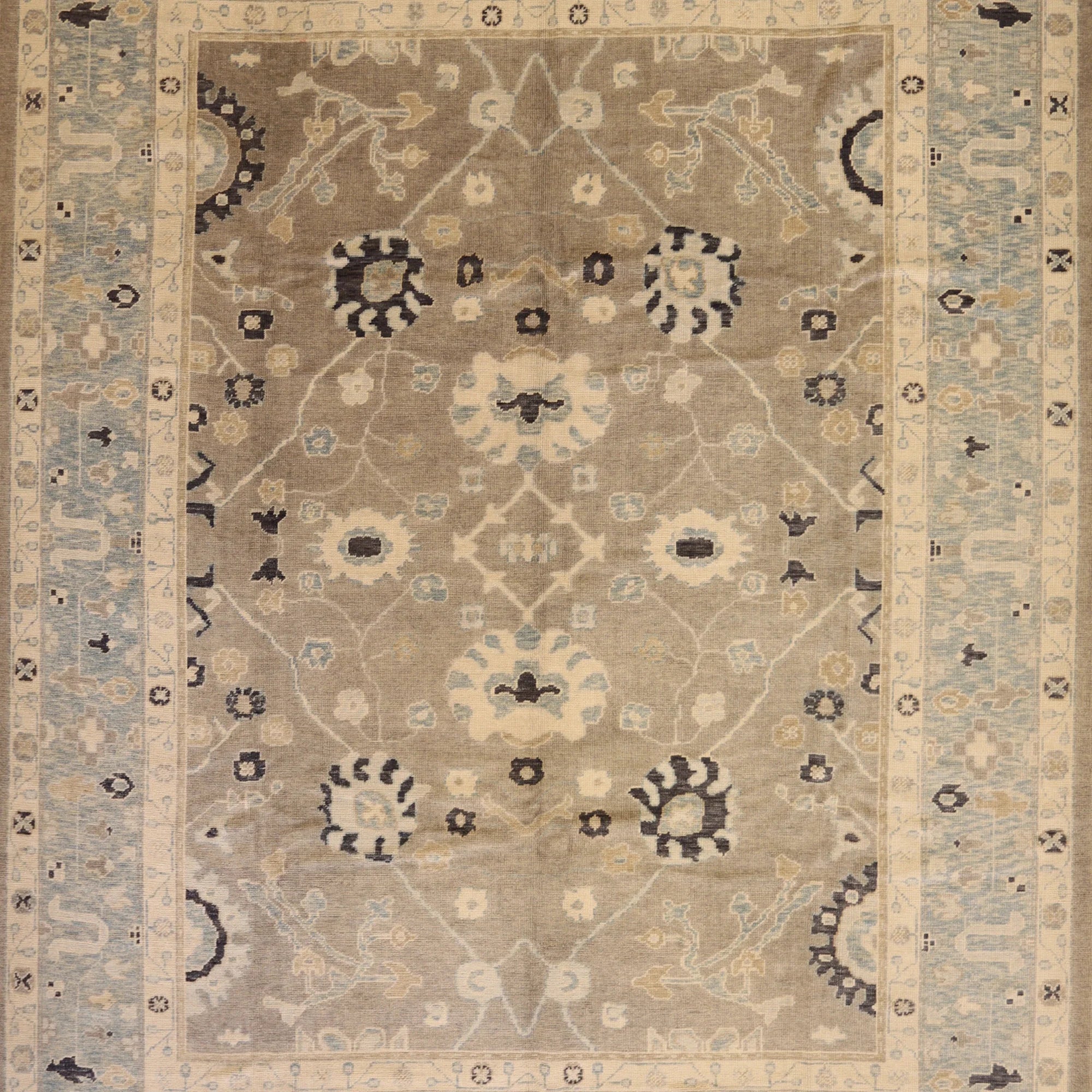 10'4" x 13'4" GRAY AND BLUE OUSHAK GEOMETRIC TURKISH RUG