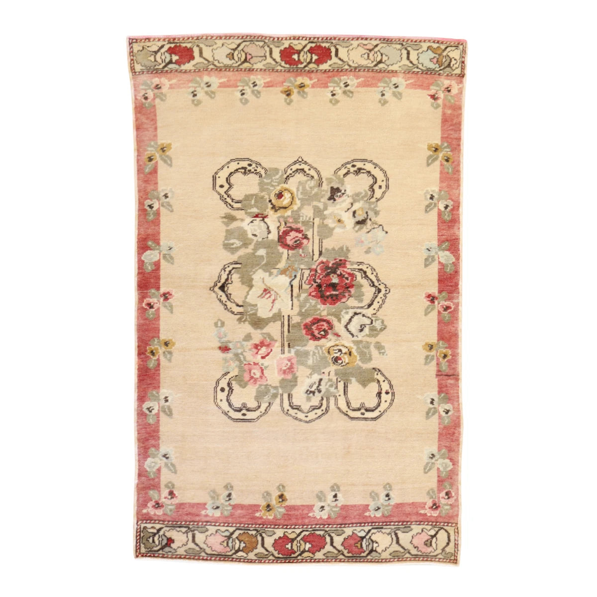 3'5" x 5'6" BEIGE AND ROSE ANATOLIA GEOMETRIC TURKISH RUG