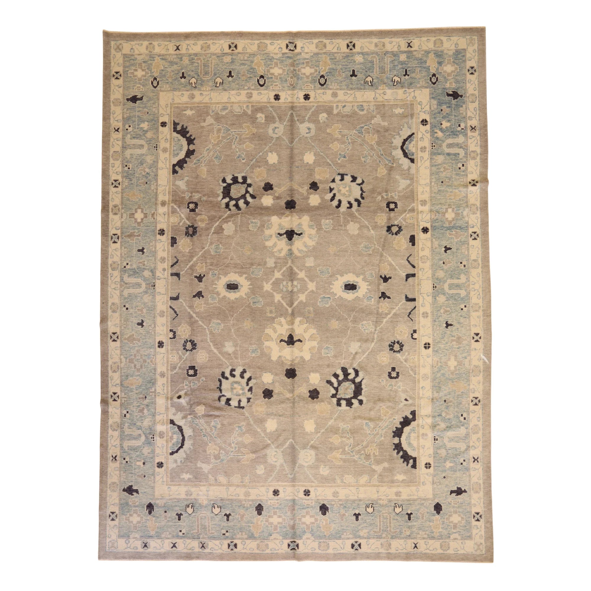 9'10" x 13'6" GRAY AND BLUE OUSHAK GEOMETRIC TURKISH RUG