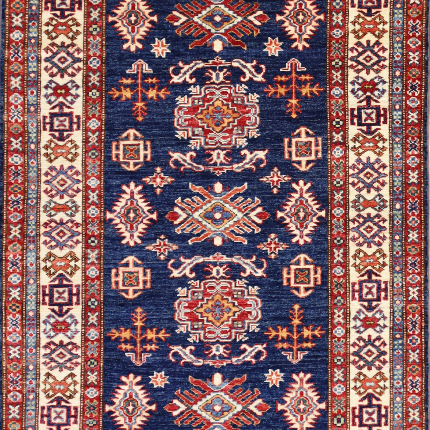 3'6" x 5'0" NAVY AND IVORY KAZAK GEOMETRIC PAKISTANI RUG