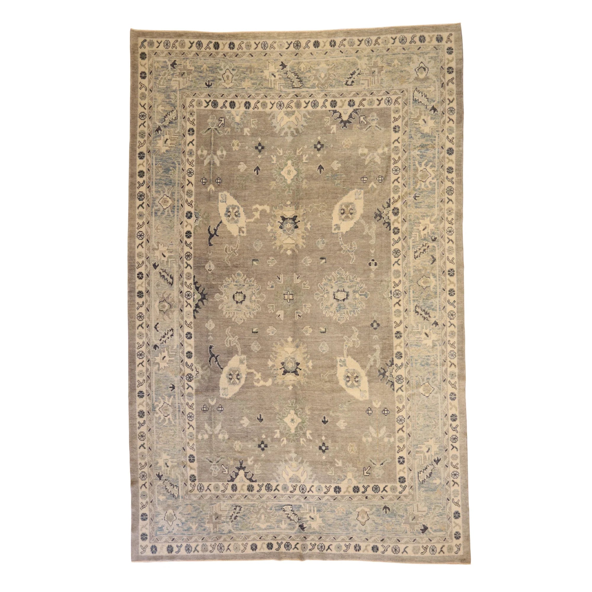 9'3" x 14'9" GRAY AND BLUE OUSHAK GEOMETRIC TURKISH RUG