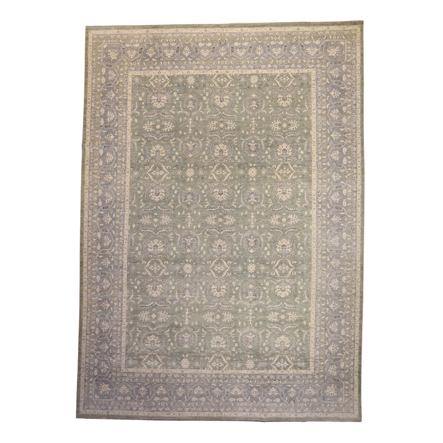9'11" x 13'10" GREEN AND BLUE PESHAWAR GEOMETRIC PAKISTANI RUG