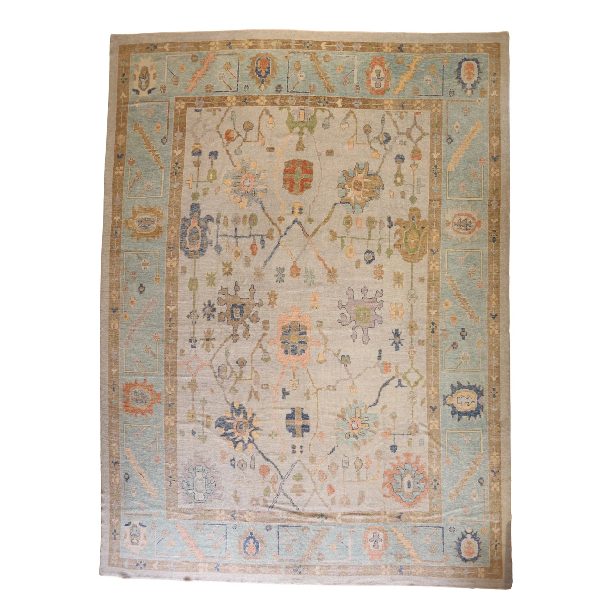 13'0" x 17'8" BLUE AND TEAL OUSHAK GEOMETRIC TURKISH RUG