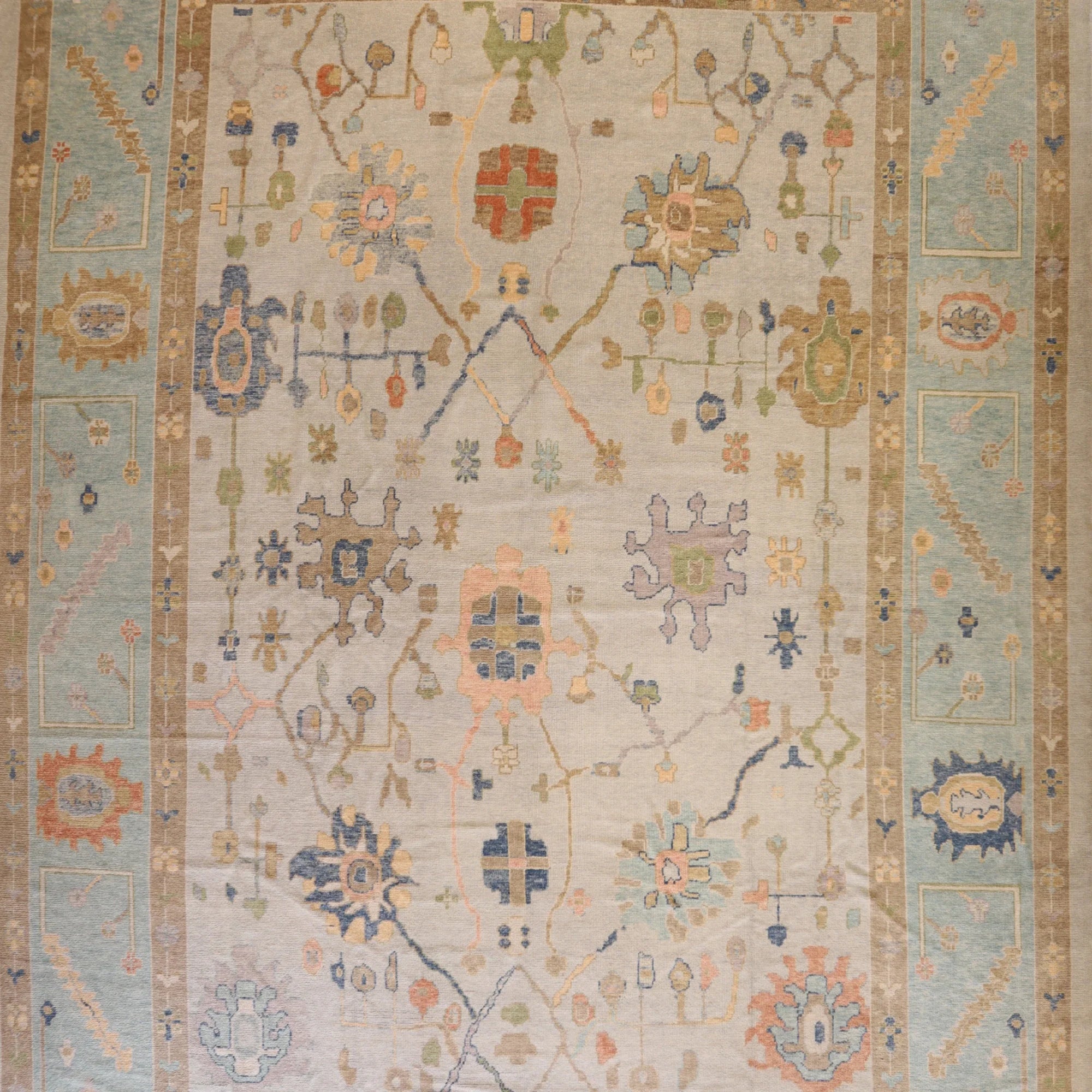 13'0" x 17'8" BLUE AND TEAL OUSHAK GEOMETRIC TURKISH RUG