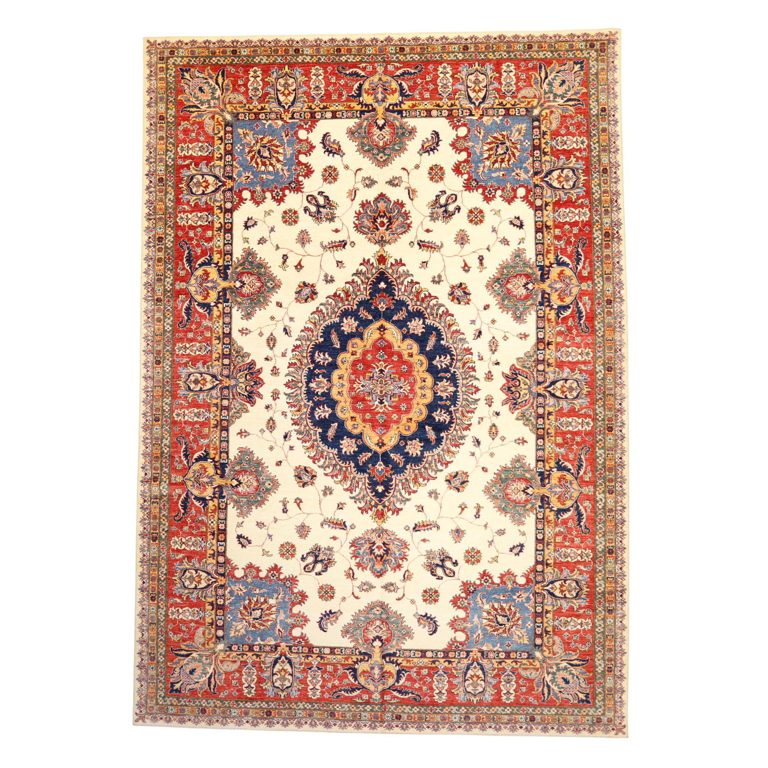 9'10" x 14'2" IVORY AND RED KAZAK GEOMETRIC PAKISTANI RUG
