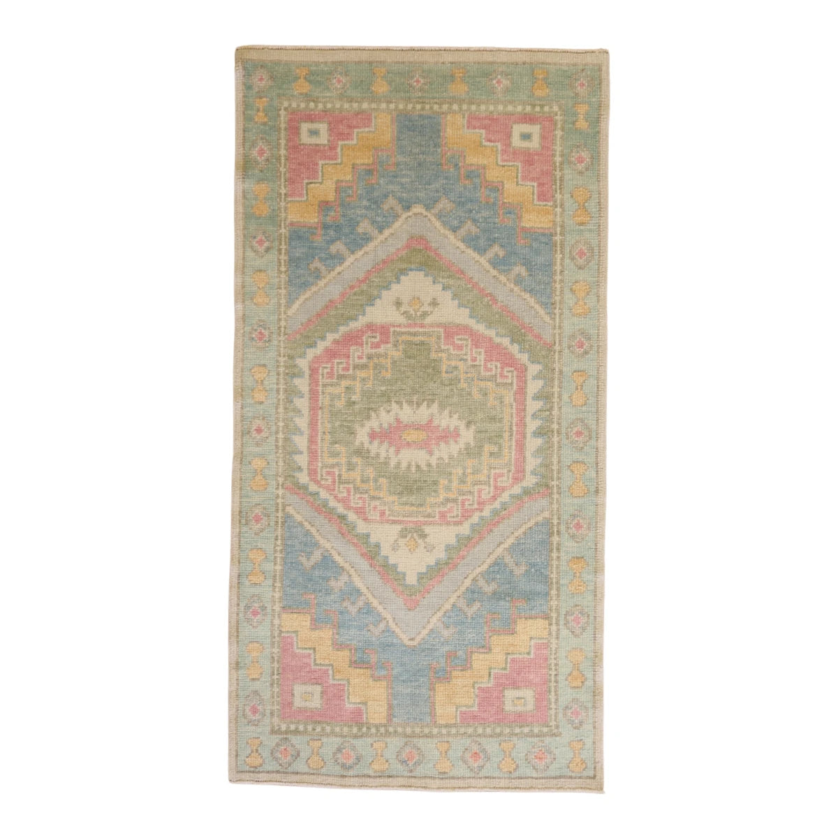 3'1" x 6'1" BEIGE AND GREEN OUSHAK GEOMETRIC TURKISH RUG