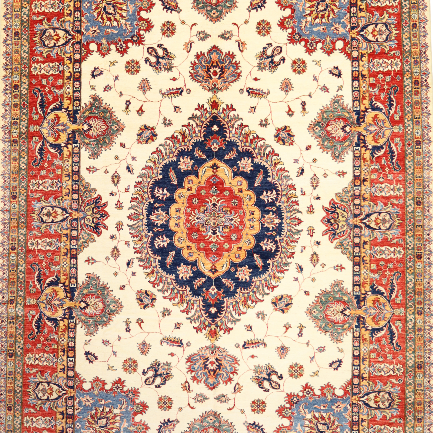 9'10" x 14'2" IVORY AND RED KAZAK GEOMETRIC PAKISTANI RUG
