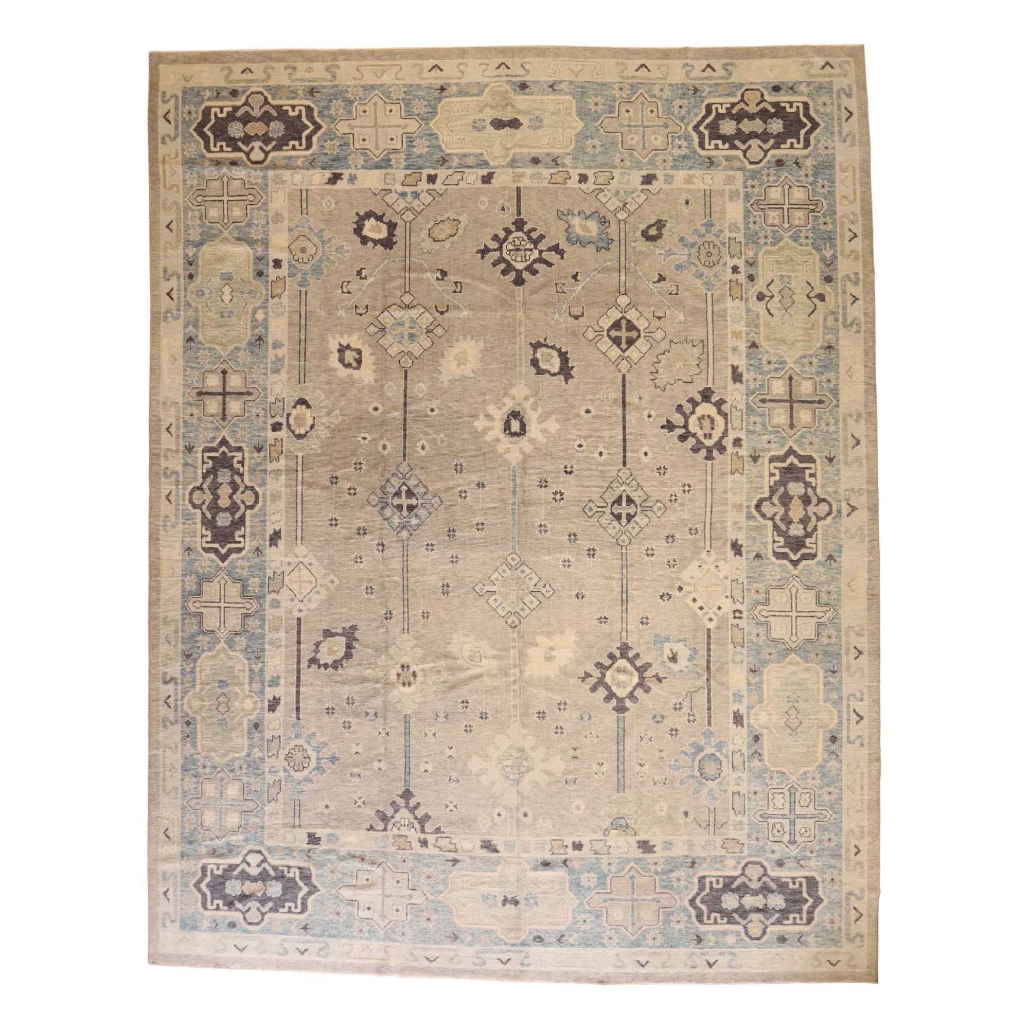12'1" x 15'6" GRAY AND BEIGE OUSHAK GEOMETRIC TURKISH RUG