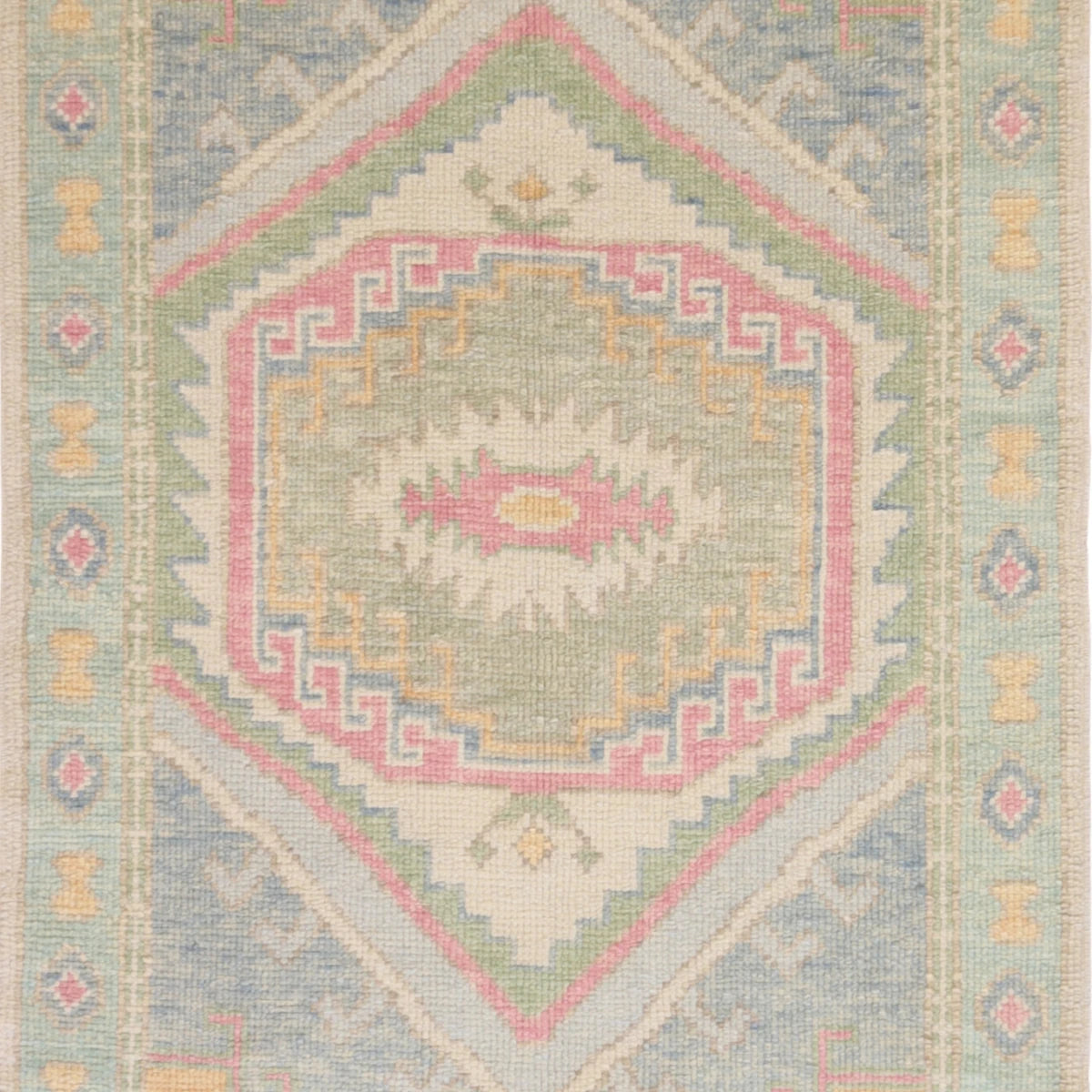 3'1" x 5'8" GREEN AND BLUE OUSHAK GEOMETRIC TURKISH RUG