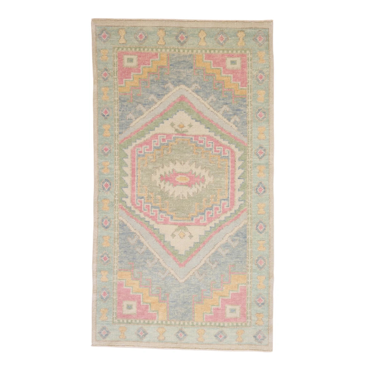 3'1" x 5'8" GREEN AND BLUE OUSHAK GEOMETRIC TURKISH RUG