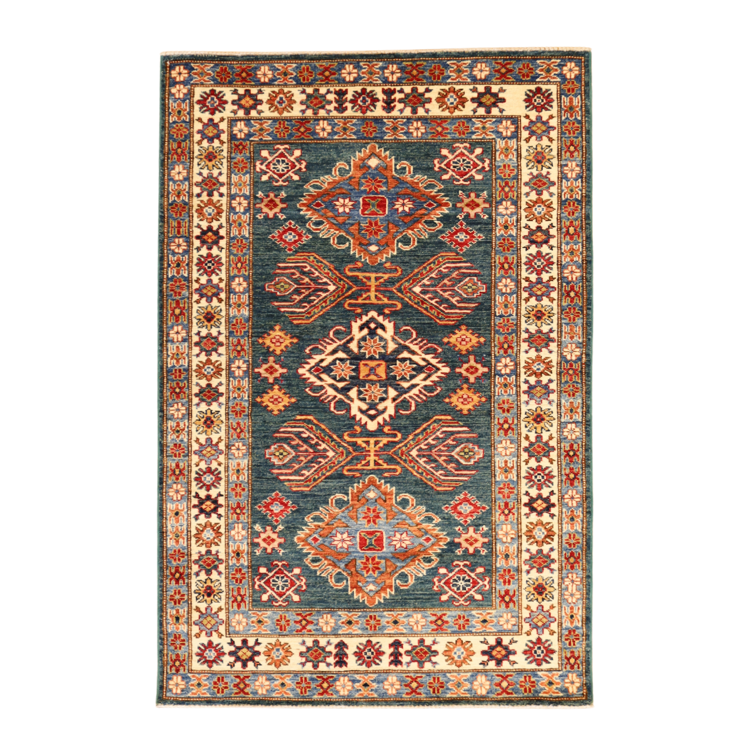 3'5" x 5'1" GREEN AND IVORY KAZAK GEOMETRIC PAKISTANI RUG