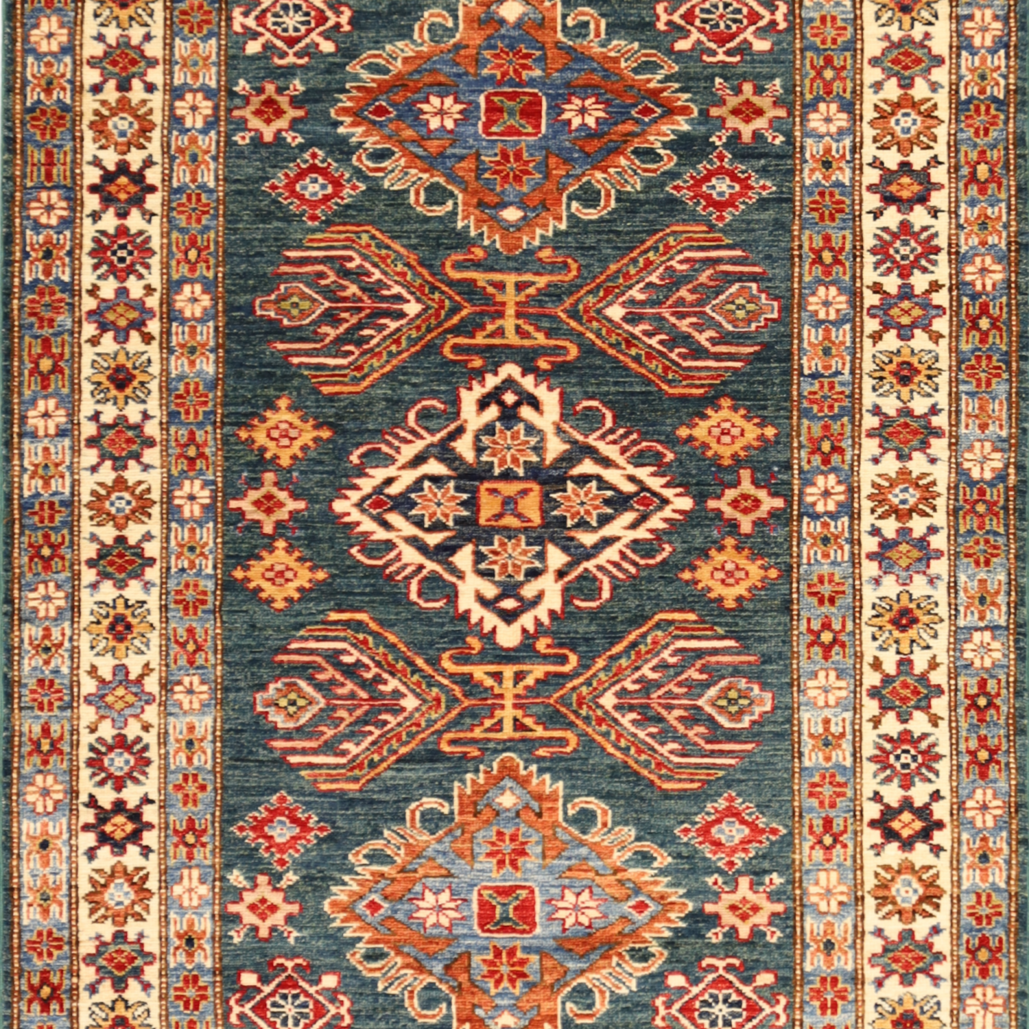 3'5" x 5'1" GREEN AND IVORY KAZAK GEOMETRIC PAKISTANI RUG