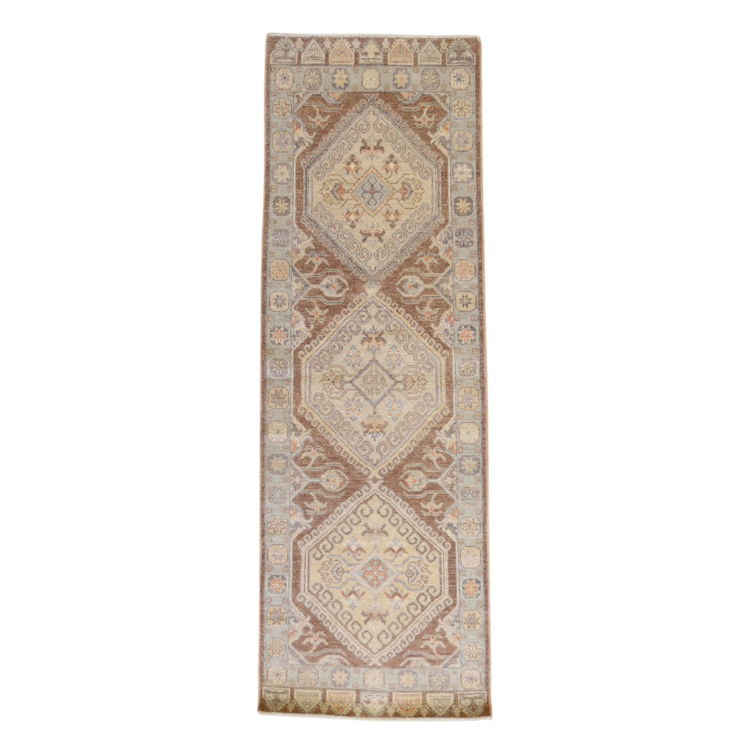 2'8" x 7'11" BROWN AND BLUE PESHAWAR GEOMETRIC PAKISTANI RUG