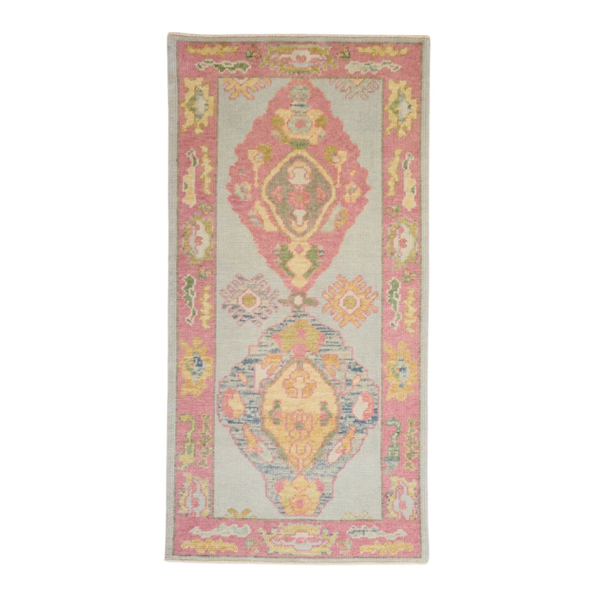 2'9" x 5'7" BLUE AND PINK OUSHAK GEOMETRIC TURKISH RUG