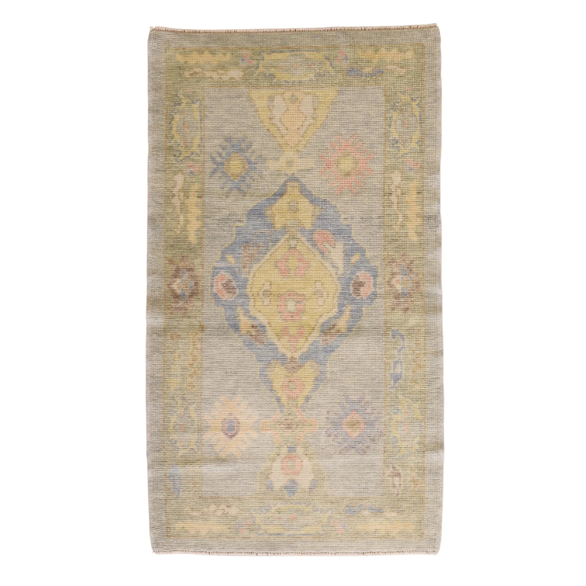 2'11" x 5'2" GREEN AND GREEN OUSHAK GEOMETRIC TURKISH RUG