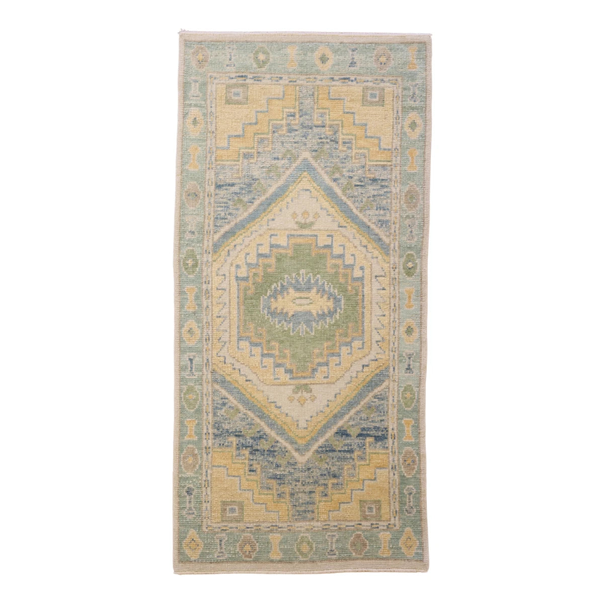 3'0" x 6'5" BLUE AND TEAL OUSHAK GEOMETRIC TURKISH RUG