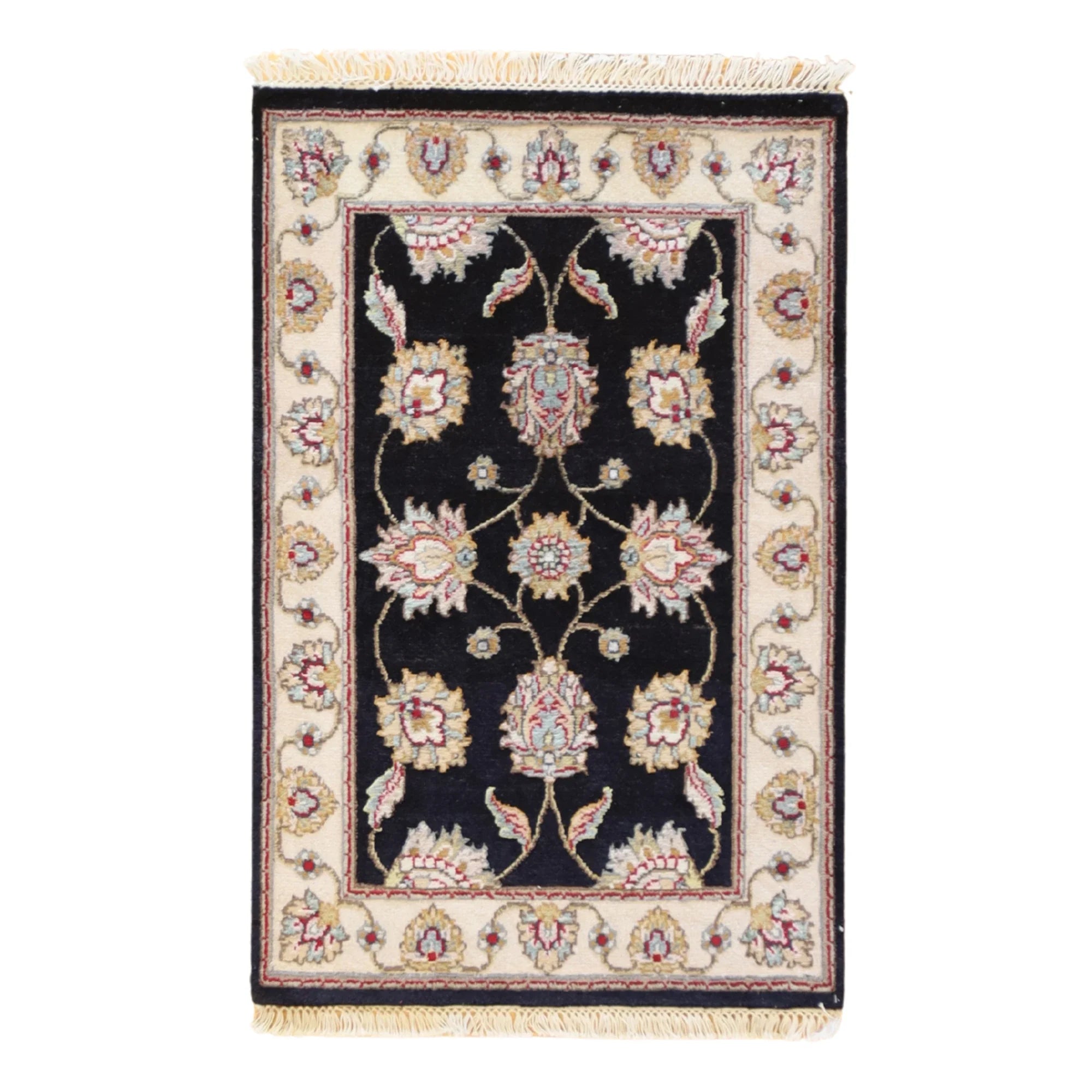 2'0" x 3'0" BLACK AND IVORY JAIPUR FLORAL INDIAN RUG