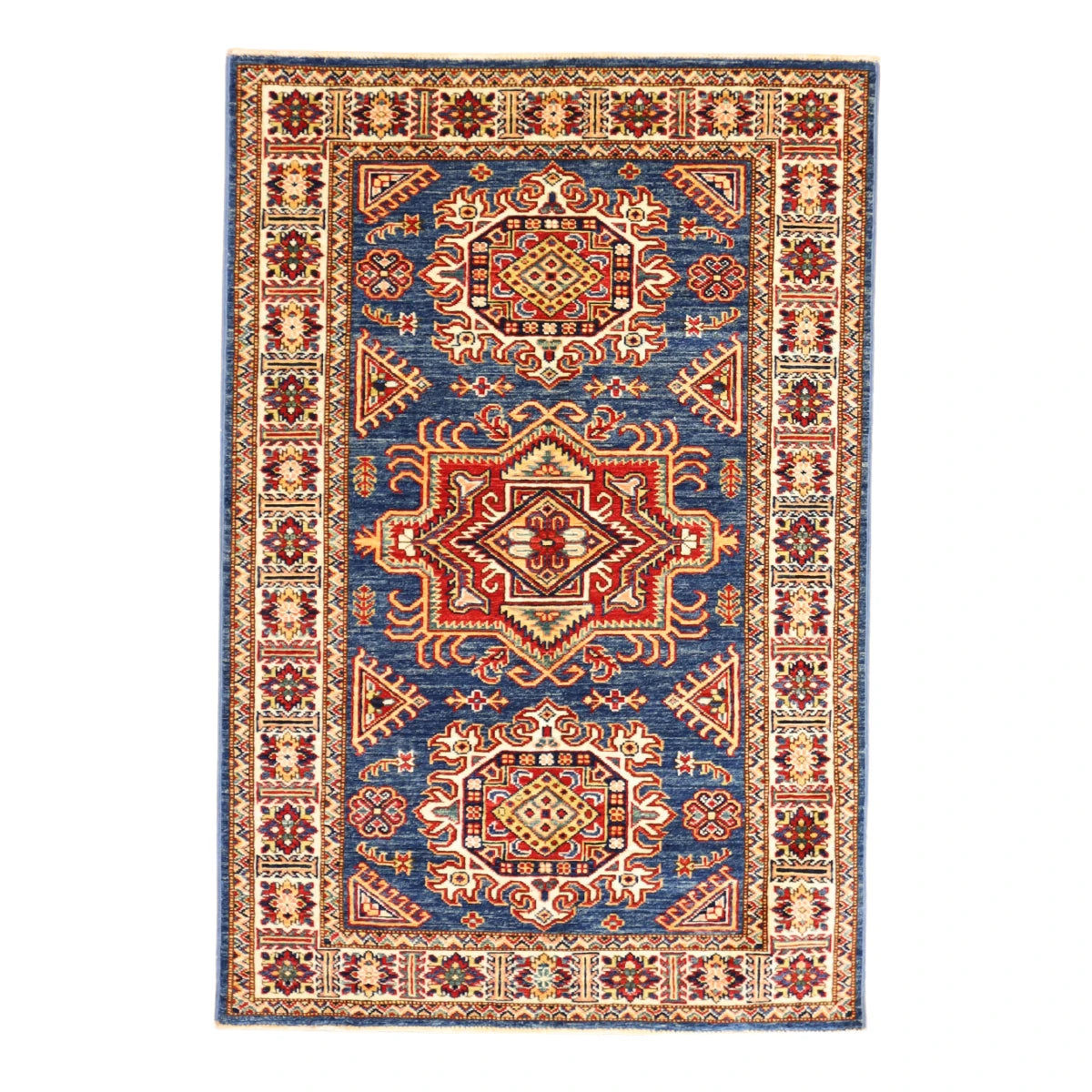 3'4" x 4'11" BLUE AND IVORY KAZAK GEOMETRIC PAKISTANI RUG