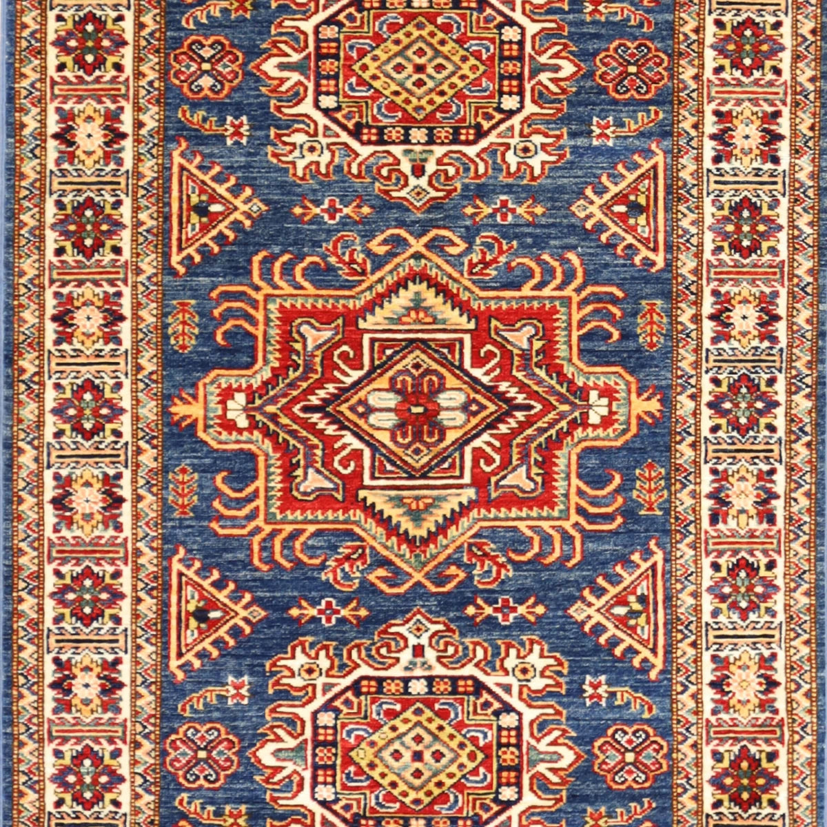 3'4" x 4'11" BLUE AND IVORY KAZAK GEOMETRIC PAKISTANI RUG