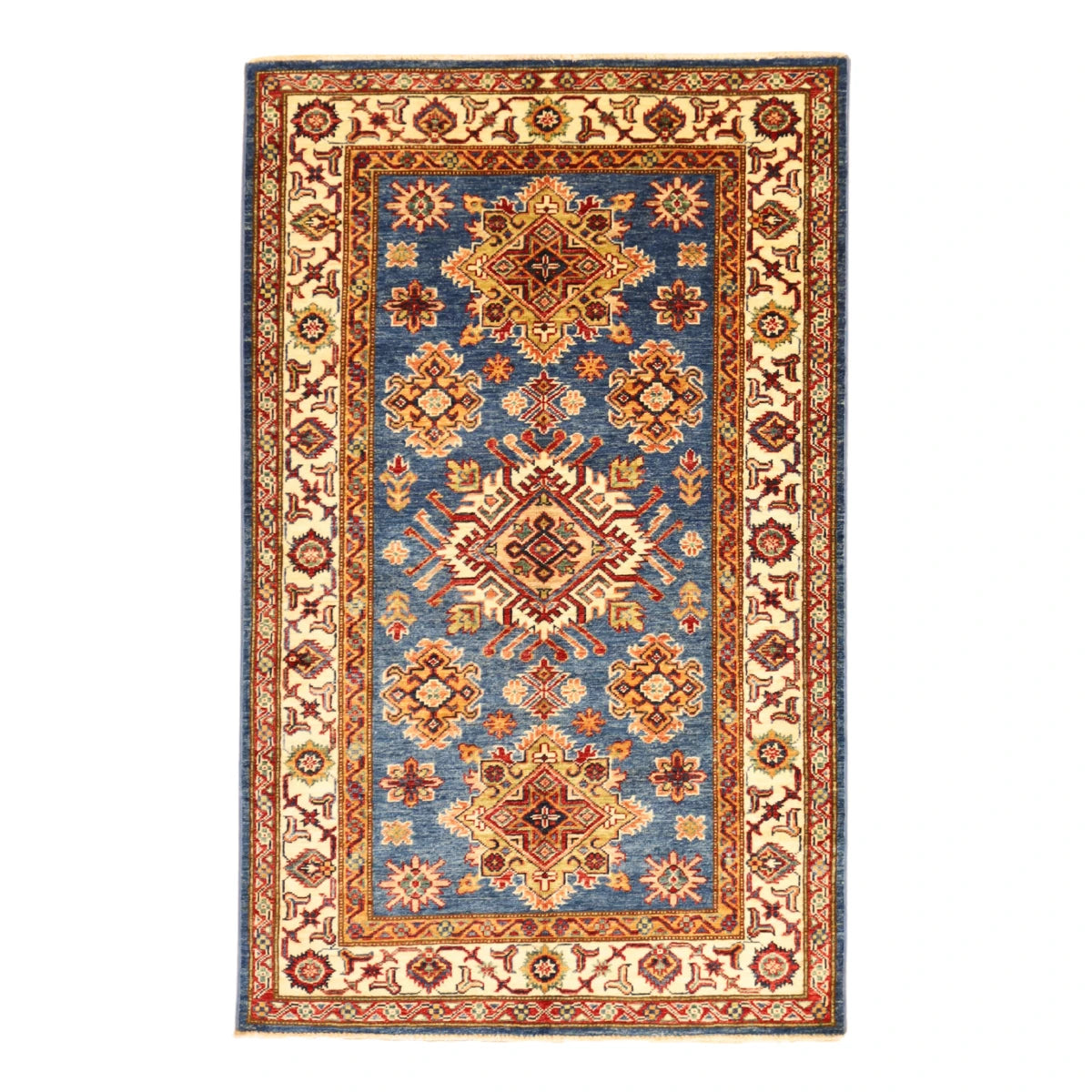 3'4" x 5'3" BLUE AND IVORY KAZAK GEOMETRIC PAKISTANI RUG