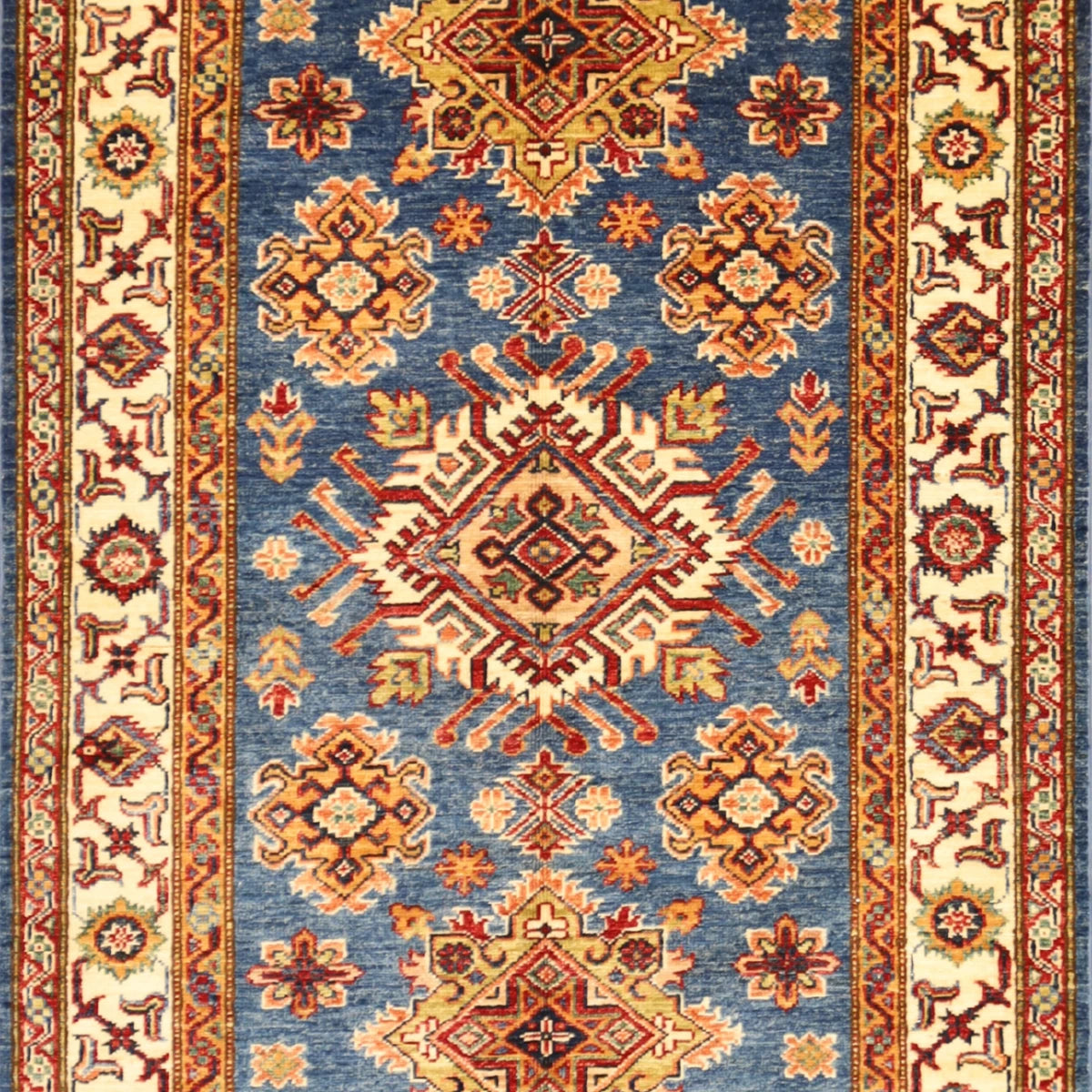 3'4" x 5'3" BLUE AND IVORY KAZAK GEOMETRIC PAKISTANI RUG