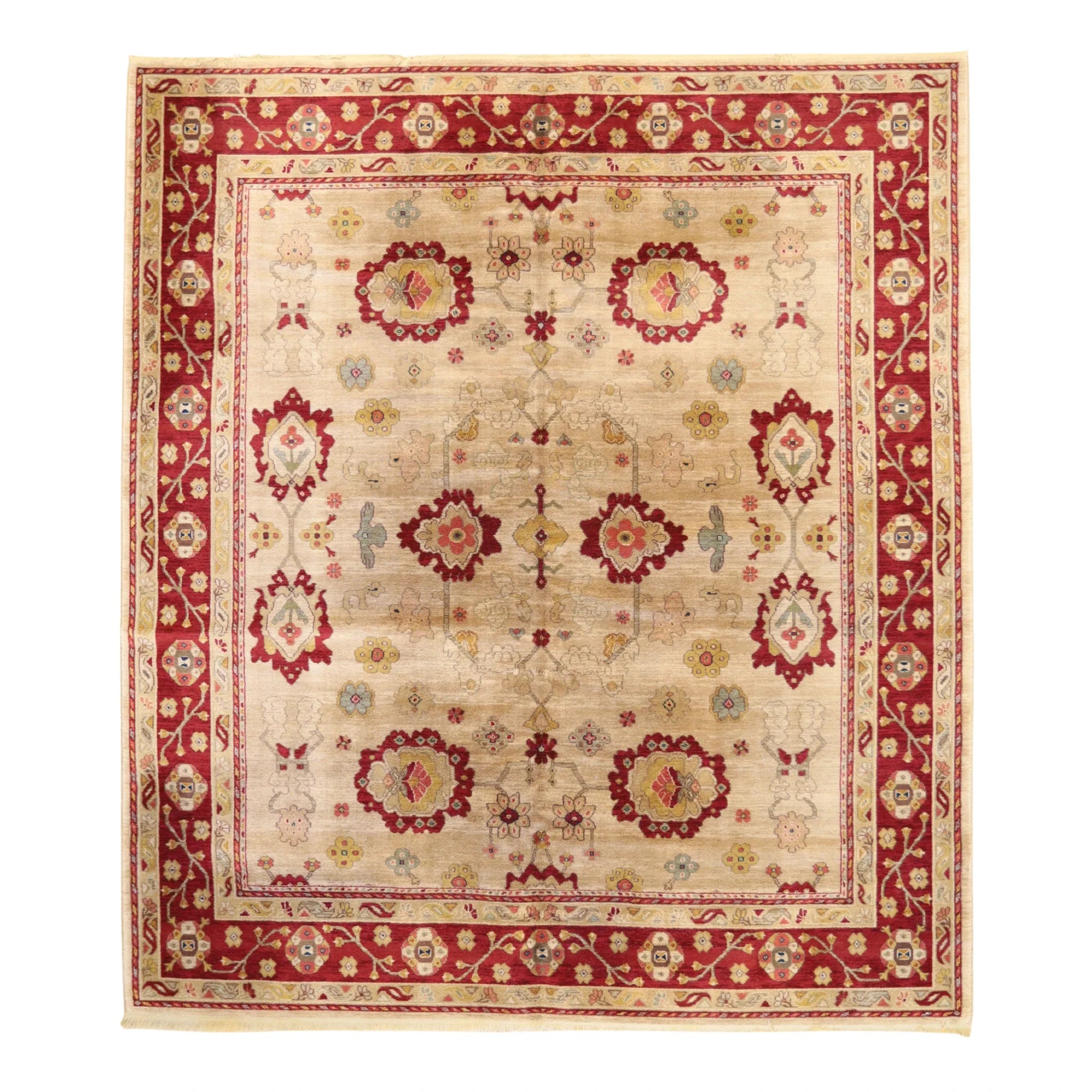 8'8" x 9'10" BROWN AND RED  GEOMETRIC INDIAN RUG