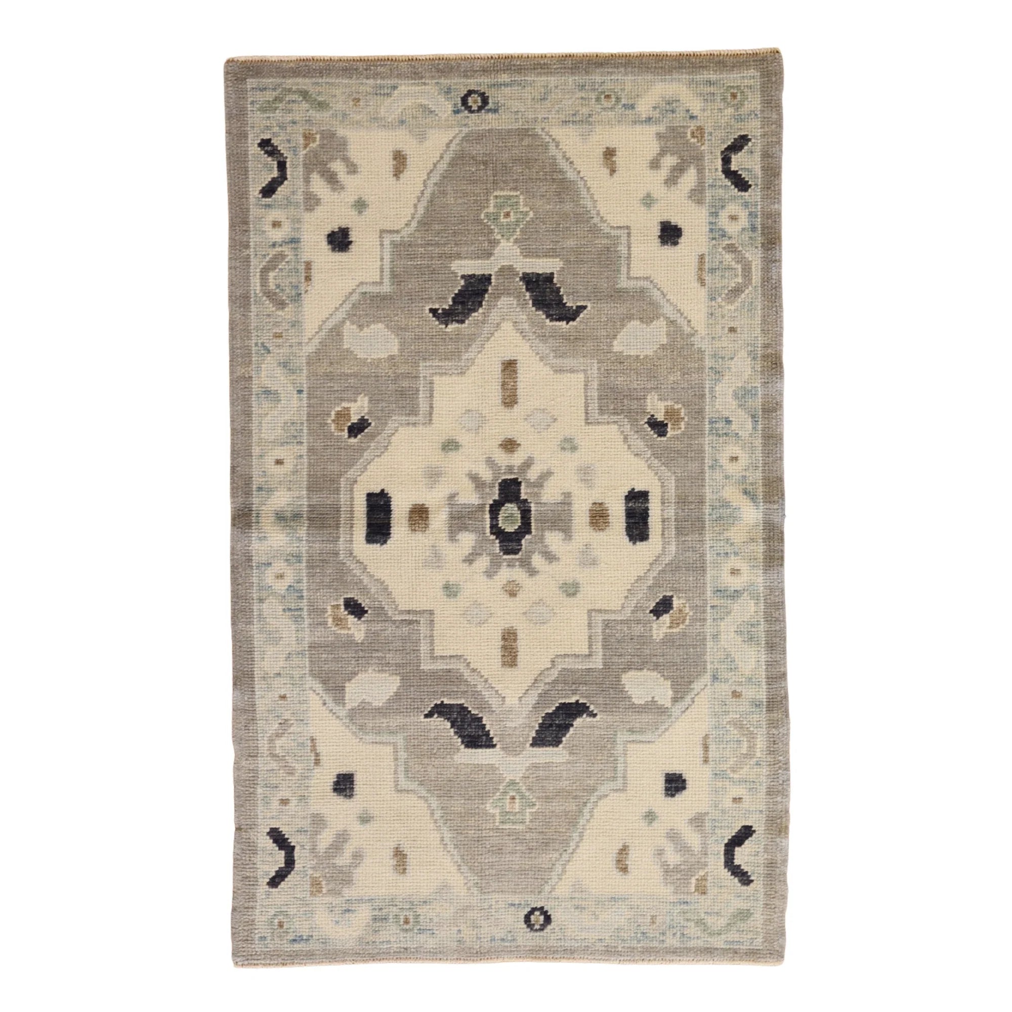 3'2" x 5'2" GRAY AND BLUE OUSHAK GEOMETRIC TURKISH RUG