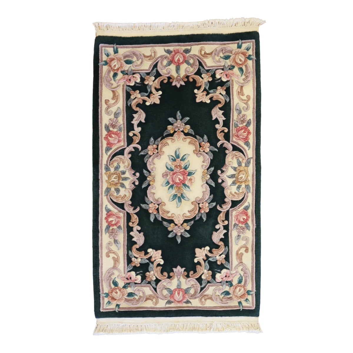 3'0" x 5'0" GREEN AND WHITE AUBUSSON EUROPEAN CHINESE RUG