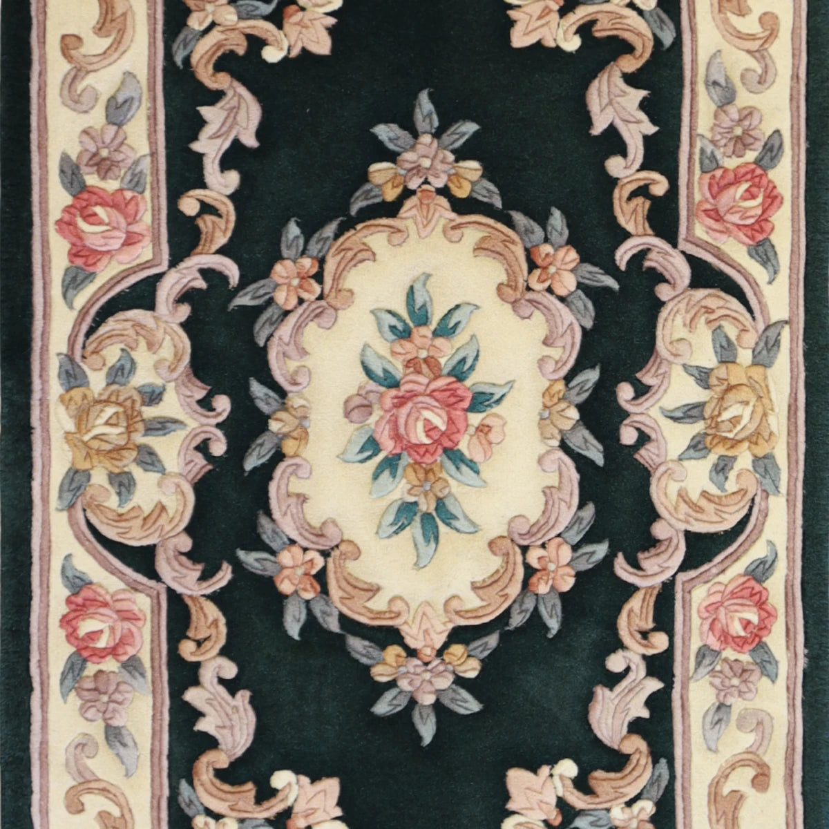 3'0" x 5'0" GREEN AND WHITE AUBUSSON EUROPEAN CHINESE RUG