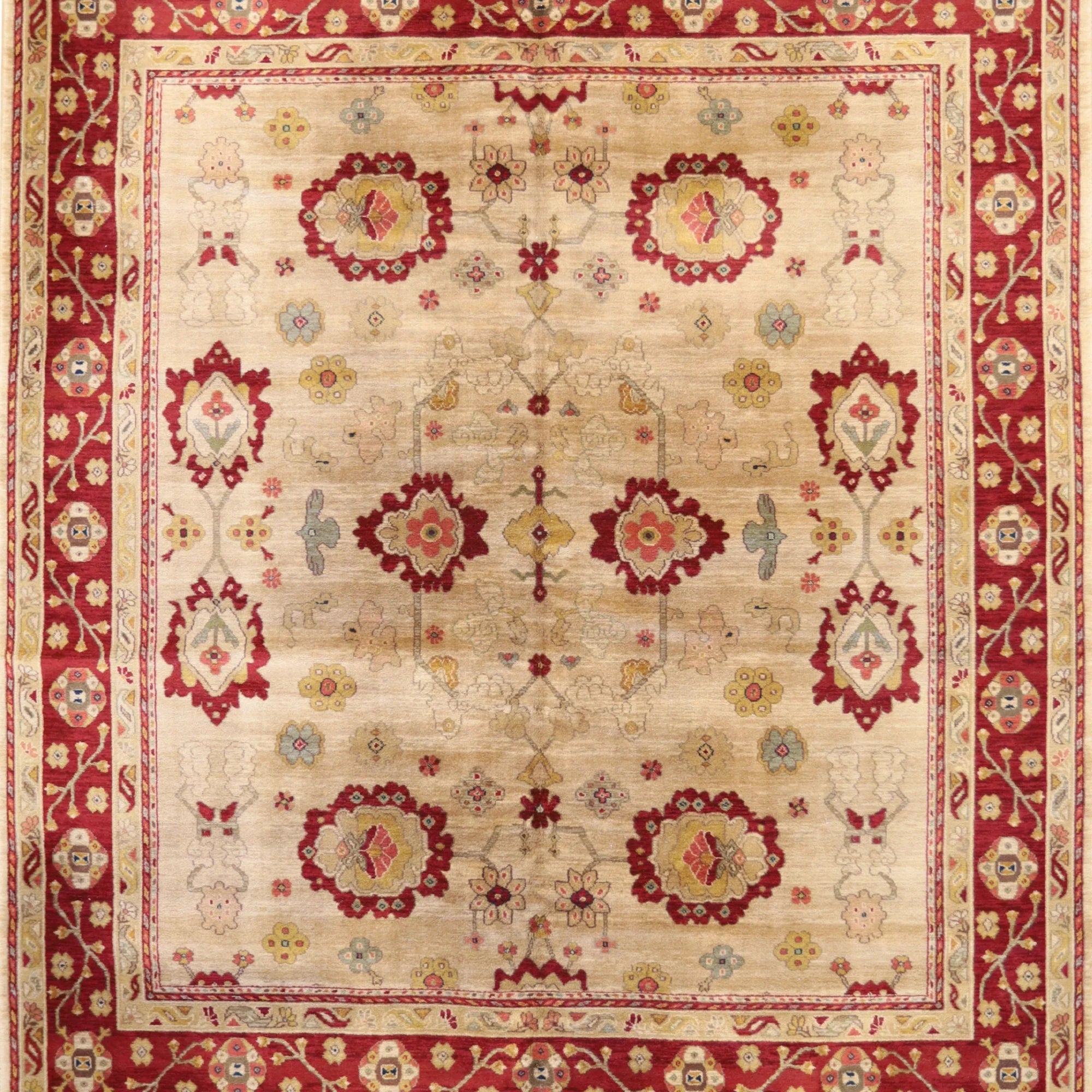 8'8" x 9'10" BROWN AND RED  GEOMETRIC INDIAN RUG