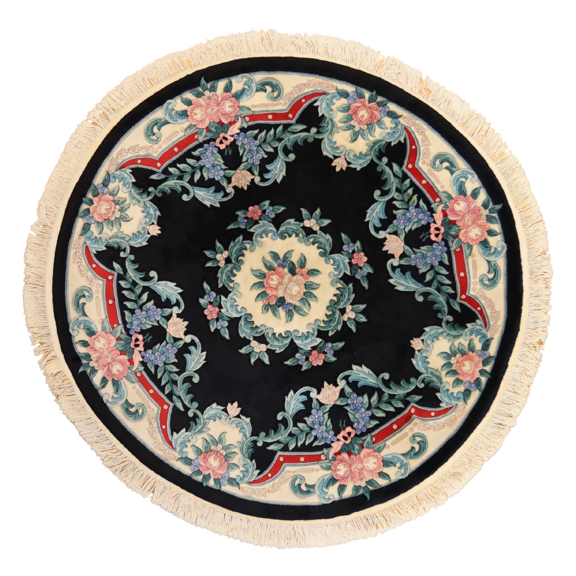 7'3" x 7'3" BLACK AND IVORY AUBUSSON FLORAL CHINESE RUG