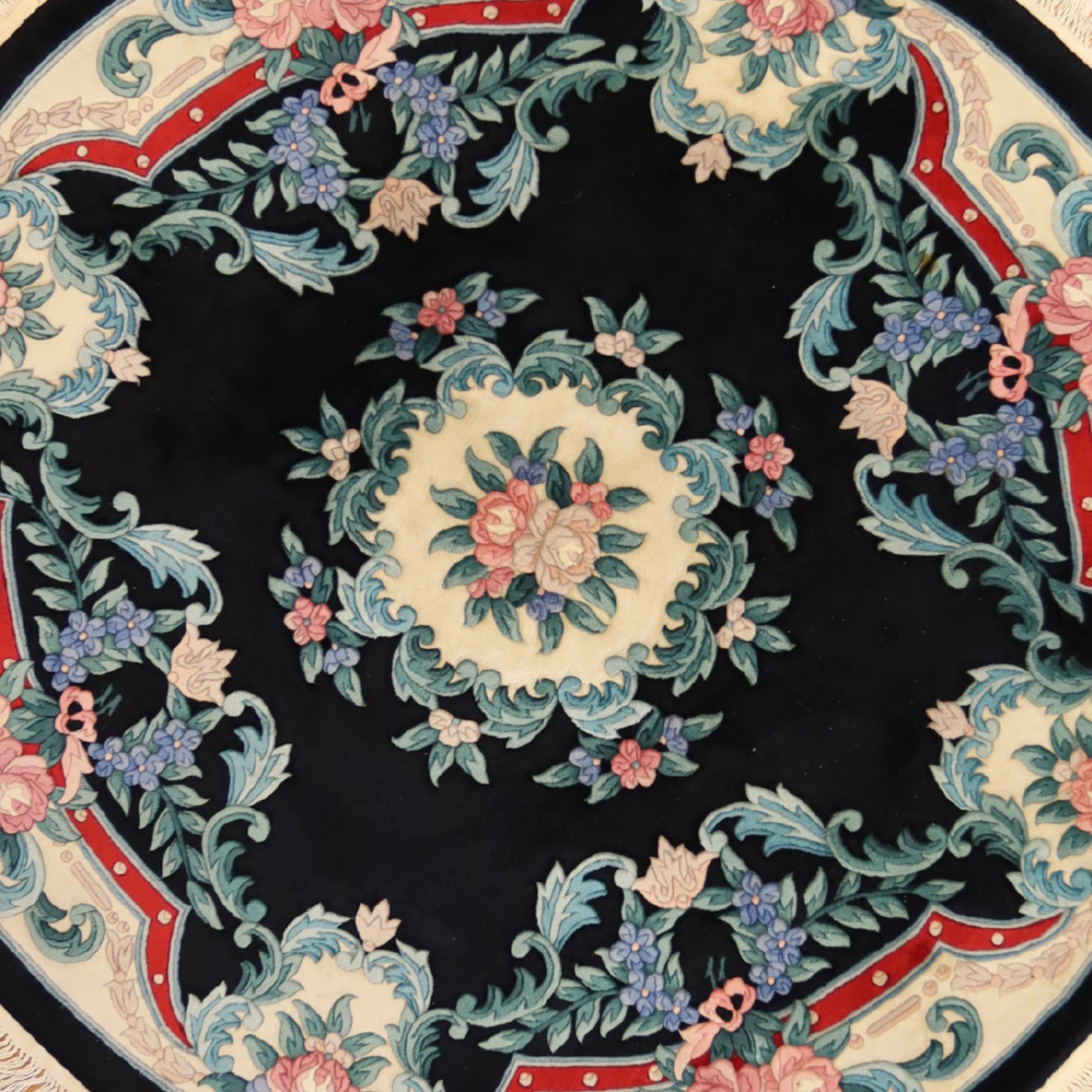 7'3" x 7'3" BLACK AND IVORY AUBUSSON FLORAL CHINESE RUG