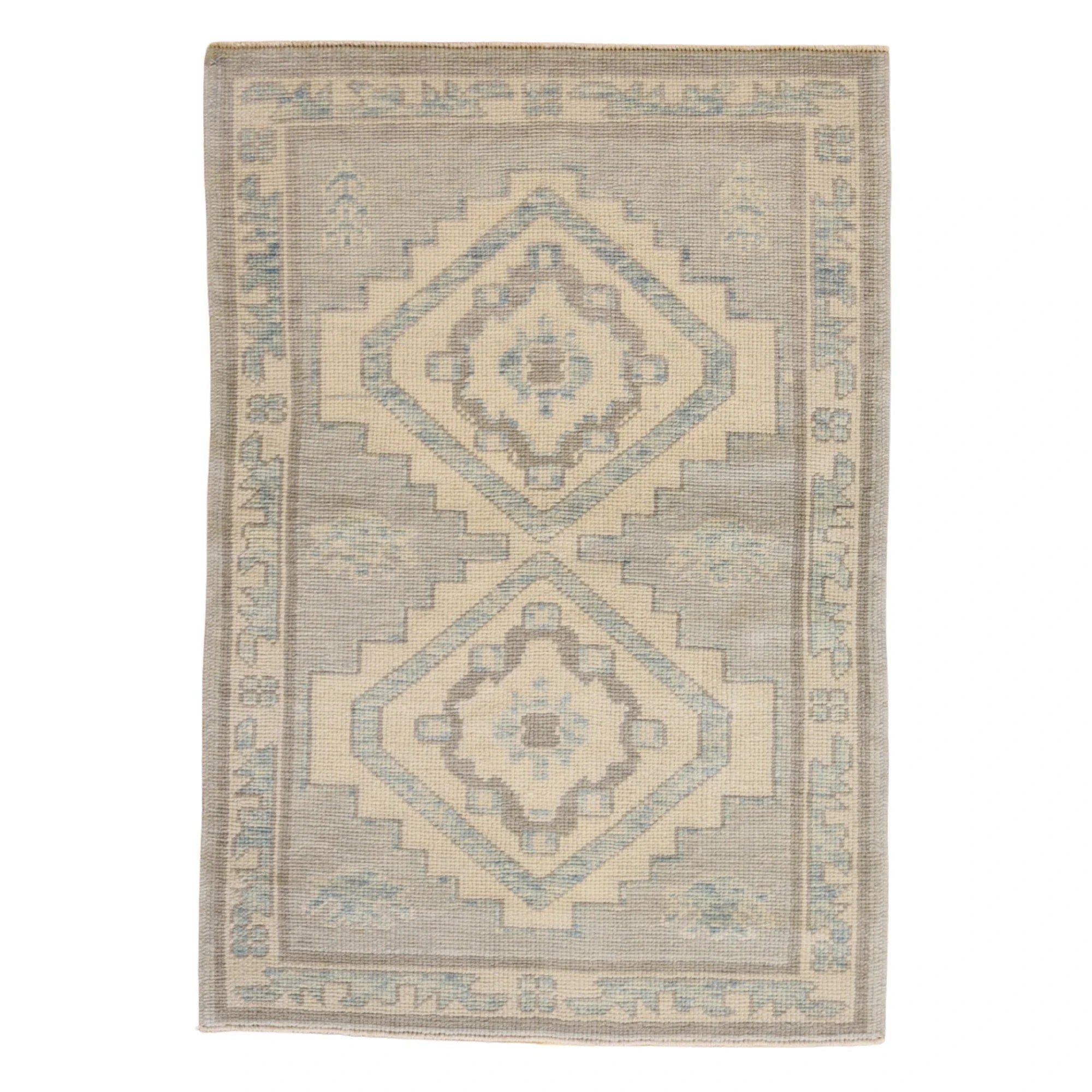 3'1" x 4'5" BLUE AND BEIGE OUSHAK GEOMETRIC TURKISH RUG