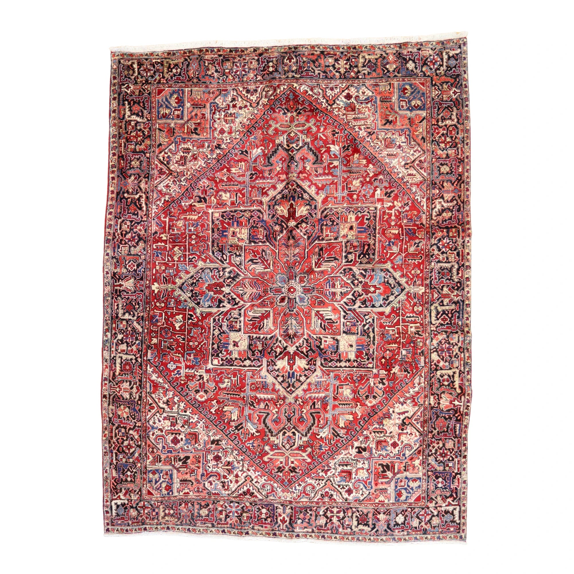 8'10" x 11'8" RED AND NAVY HERIZ GEOMETRIC PERSIAN RUG