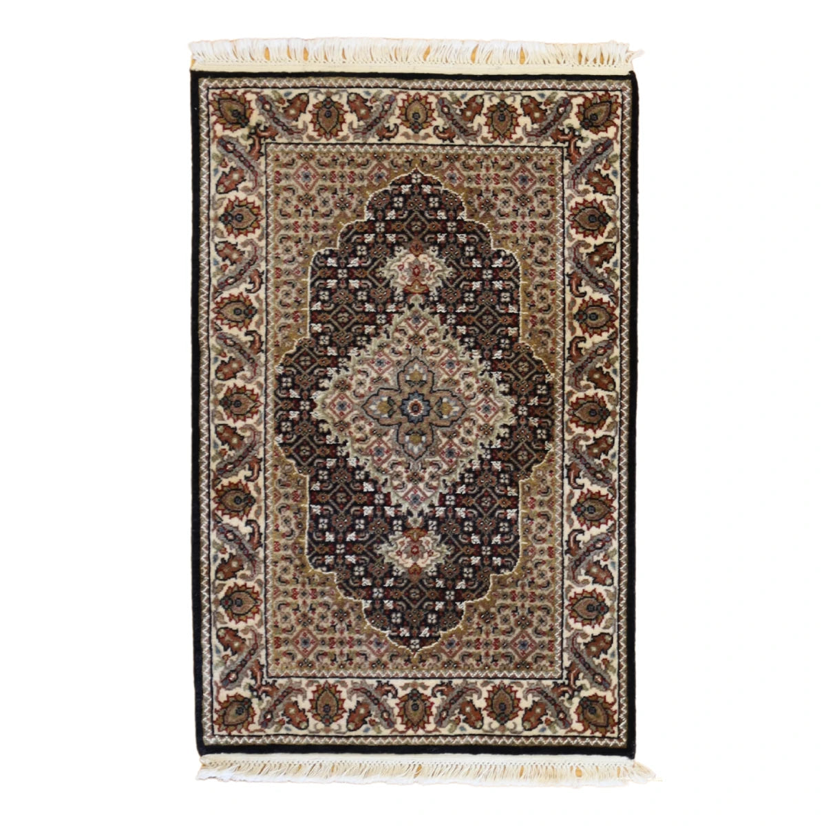 2'0" x 3'0" BLACK AND IVORY TABRIZ FISH DESIGN INDIAN RUG