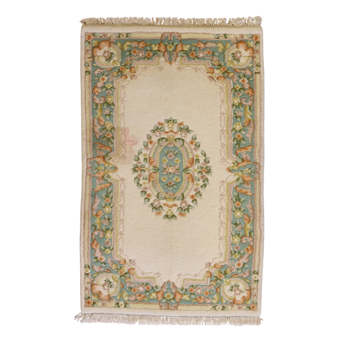 3'0" x 5'0" BEIGE AND GREEN AUBUSSON FLORAL INDIAN RUG