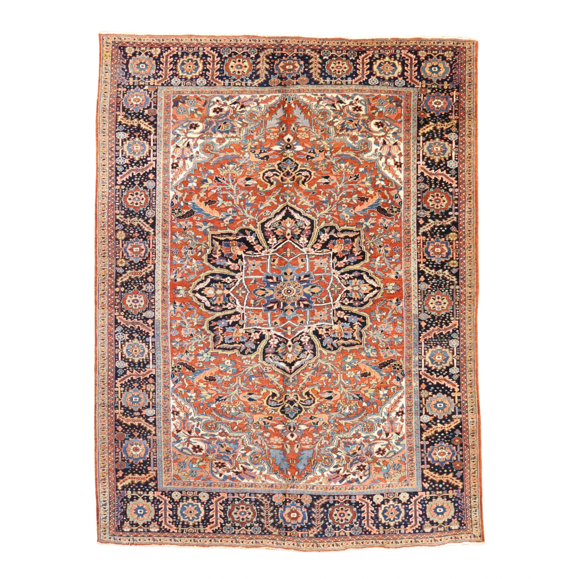 8'1" x 10'7" RUST AND NAVY HERIZ GEOMETRIC PERSIAN RUG