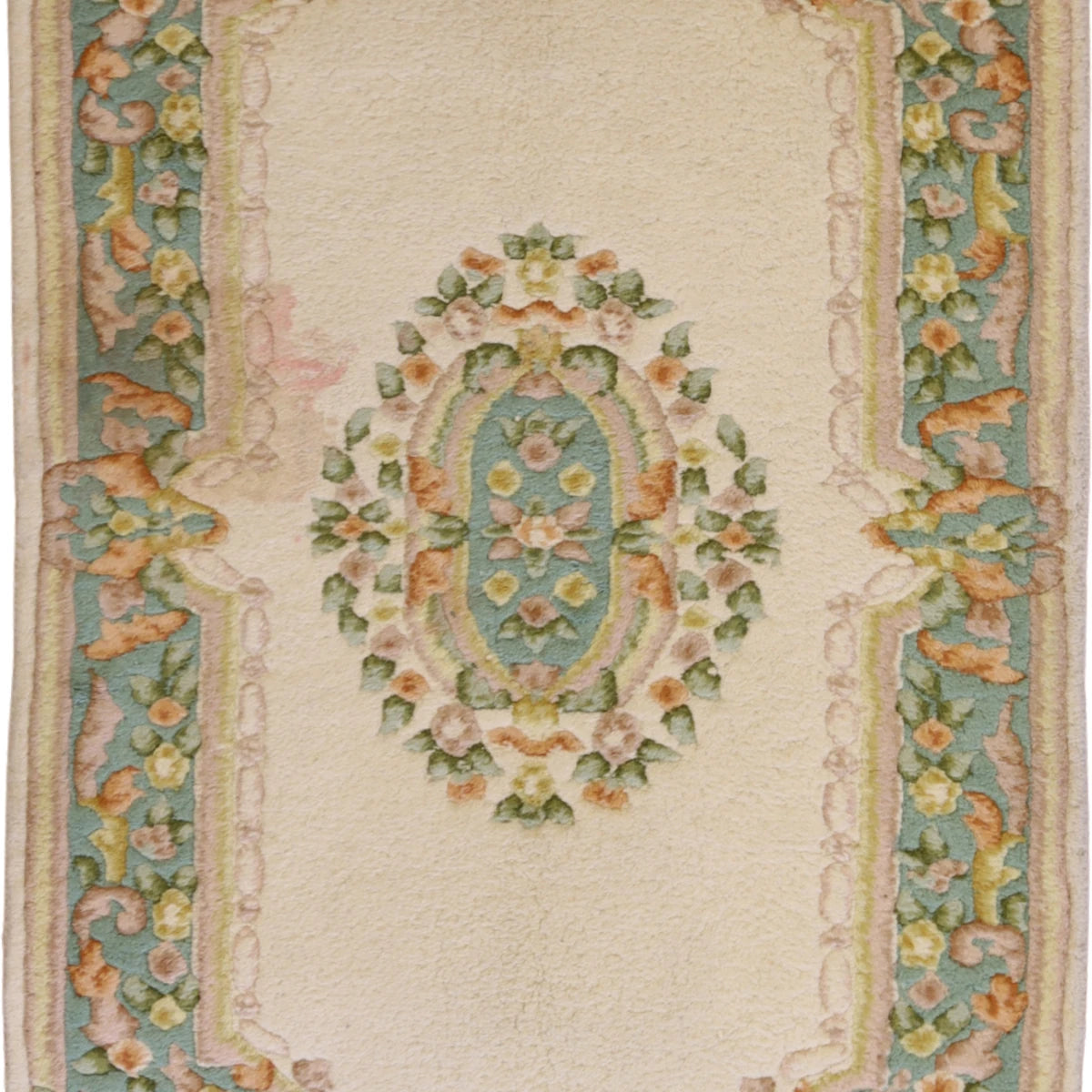 3'0" x 5'0" BEIGE AND GREEN AUBUSSON FLORAL INDIAN RUG