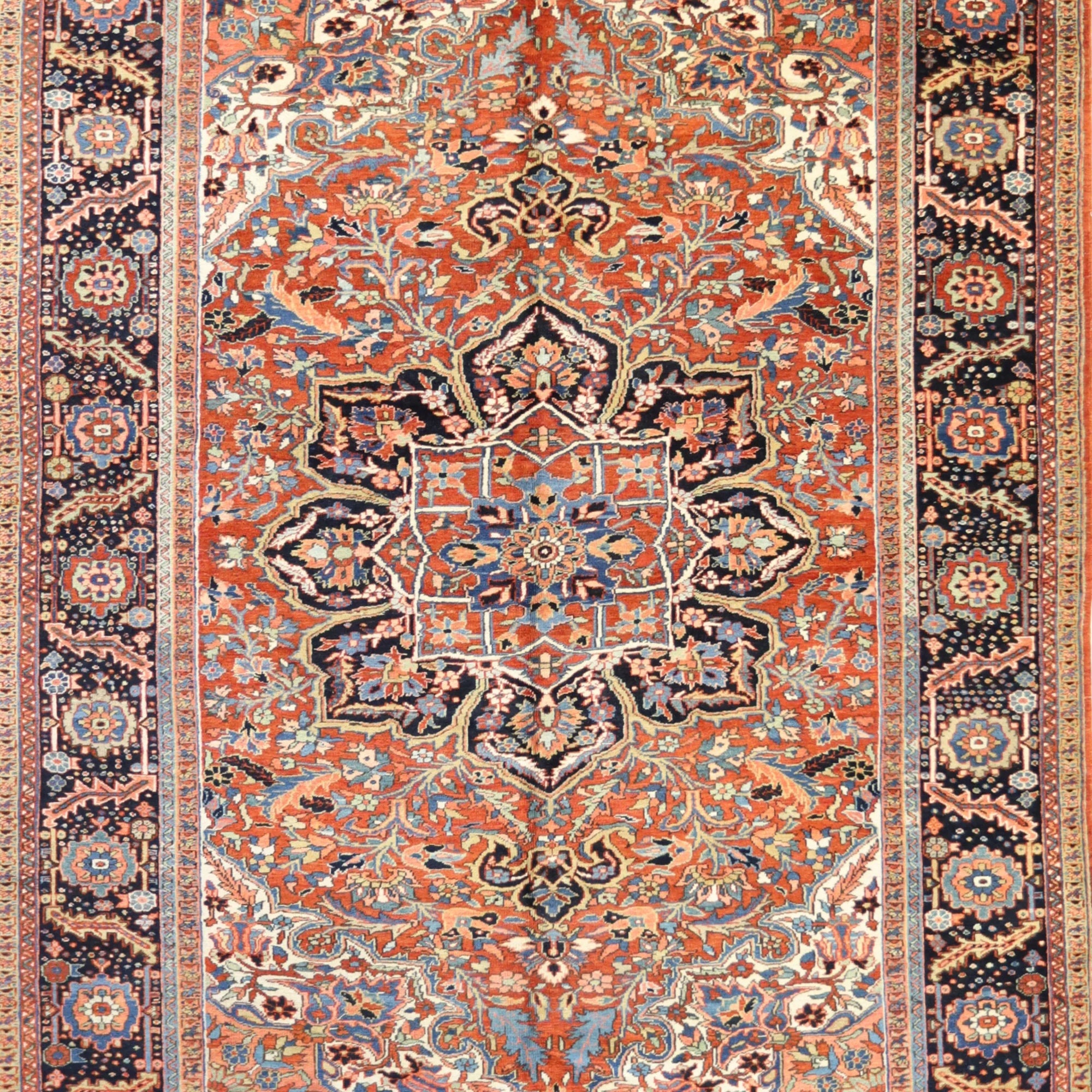 8'1" x 10'7" RUST AND NAVY HERIZ GEOMETRIC PERSIAN RUG