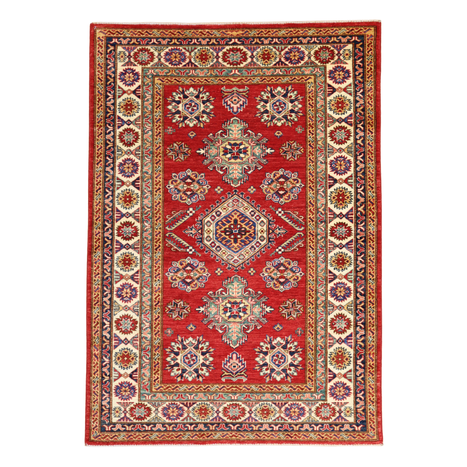 4'0" x 5'9" RED AND IVORY KAZAK GEOMETRIC PAKISTANI RUG