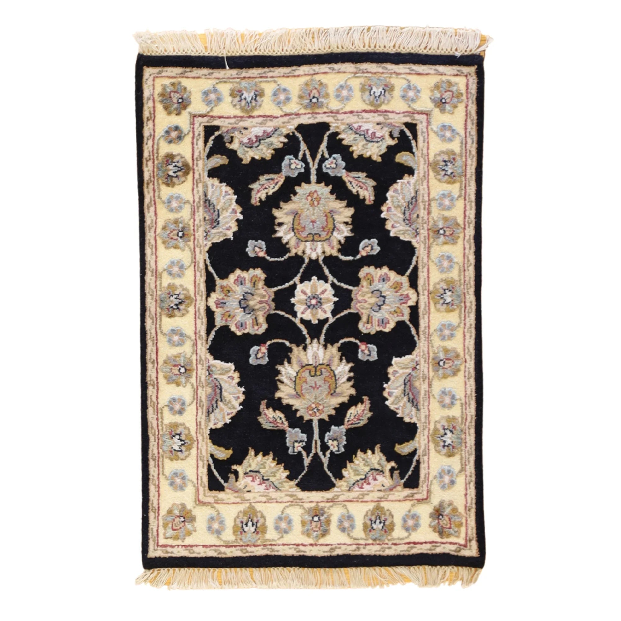 2'0" x 3'0" BLACK AND GOLD JAIPUR FLORAL INDIAN RUG