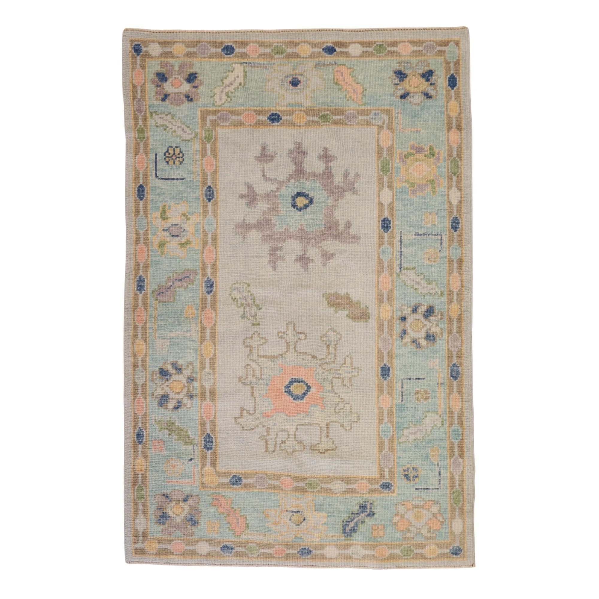 4'2" x 6'5" BLUE AND GREEN OUSHAK GEOMETRIC TURKISH RUG