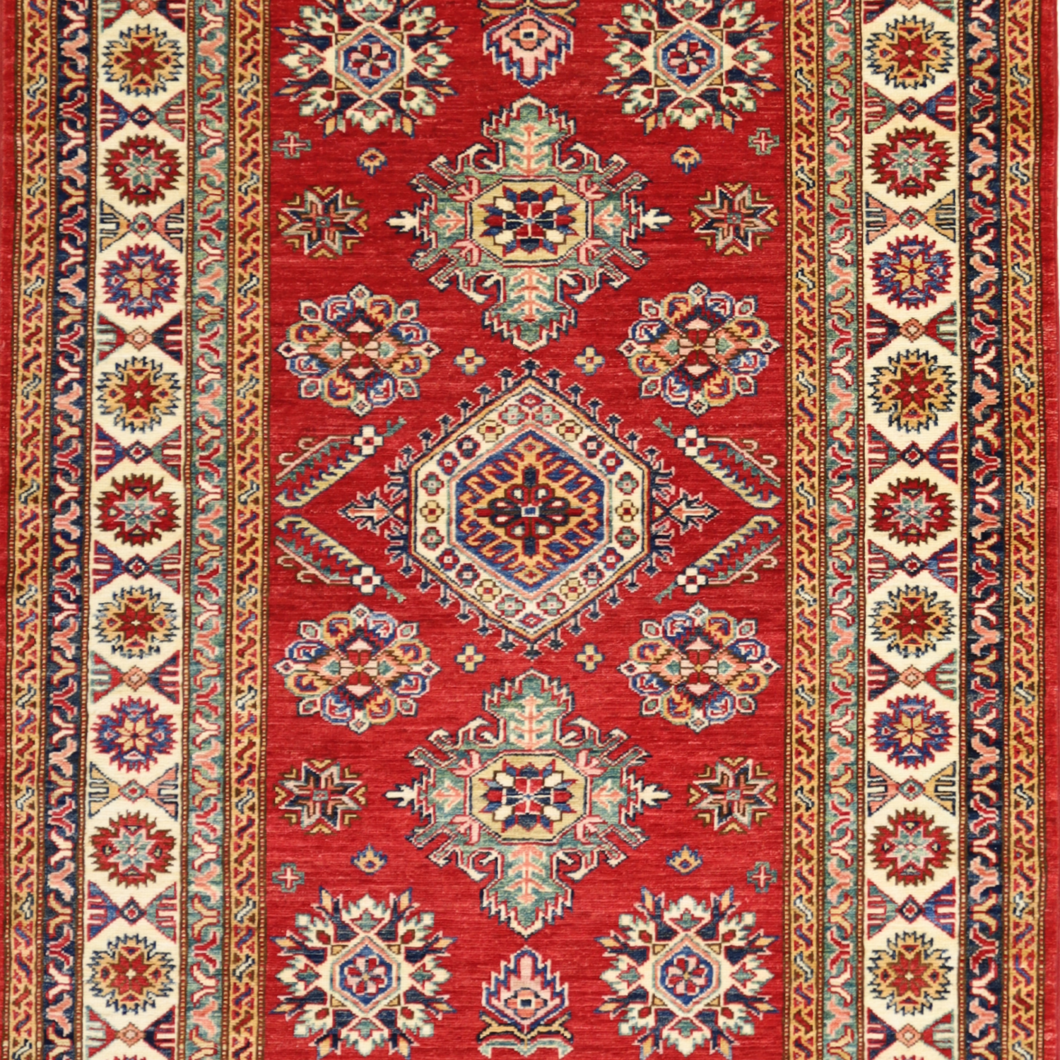 4'0" x 5'9" RED AND IVORY KAZAK GEOMETRIC PAKISTANI RUG