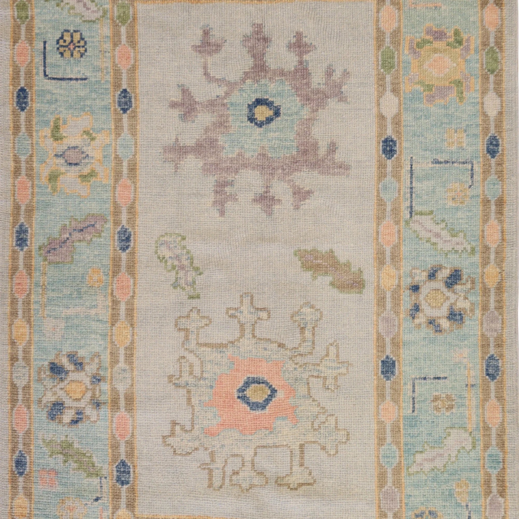 4'2" x 6'5" BLUE AND GREEN OUSHAK GEOMETRIC TURKISH RUG